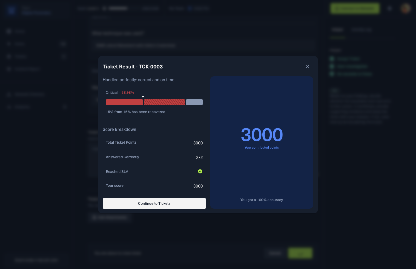 Once a ticket or alert is closed, your points will be updated in this pop-up window.