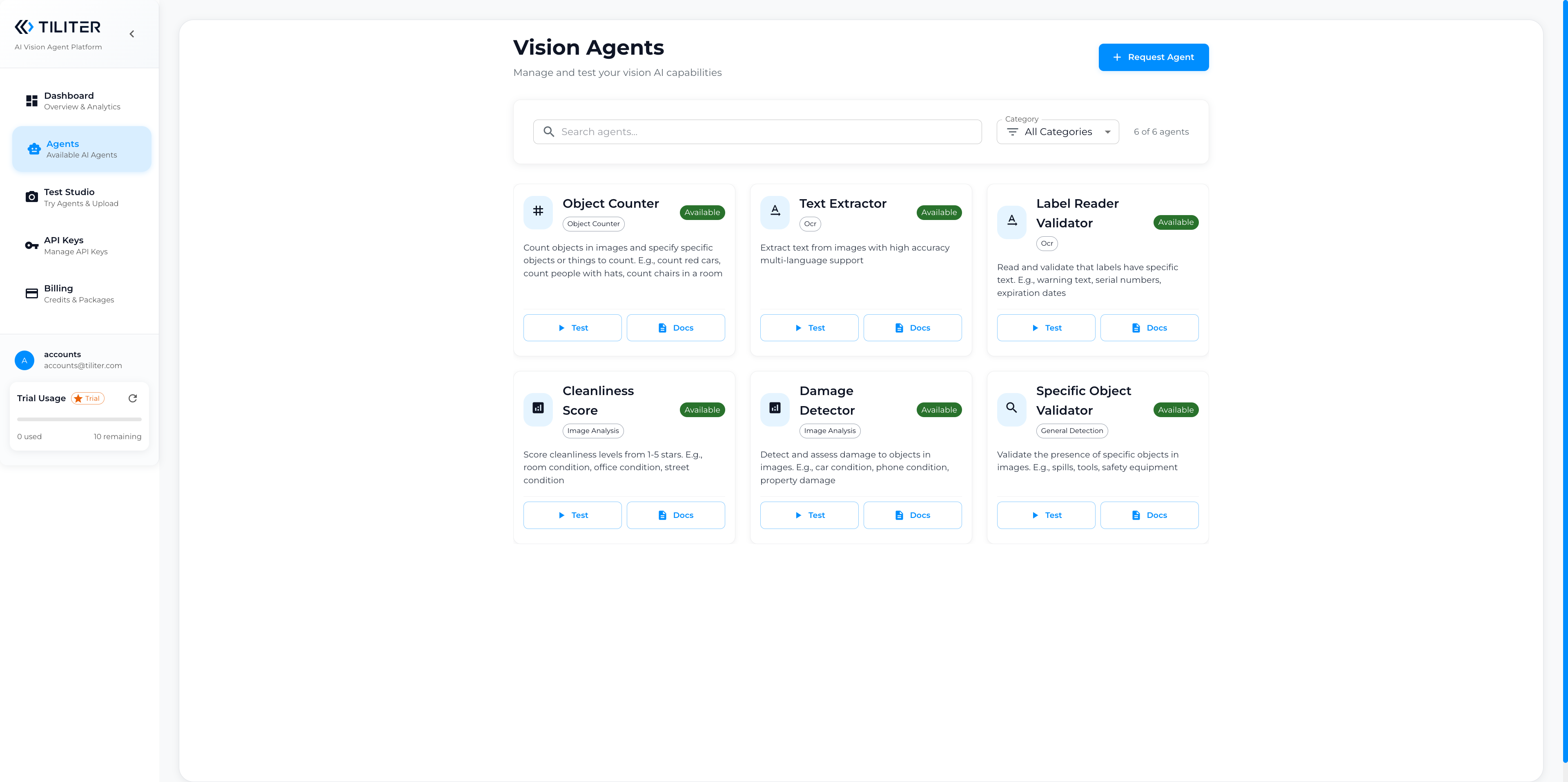 Click the Test button to instantly evaluate the Object Validator Agent and see how it recognizes targeted objects in images.