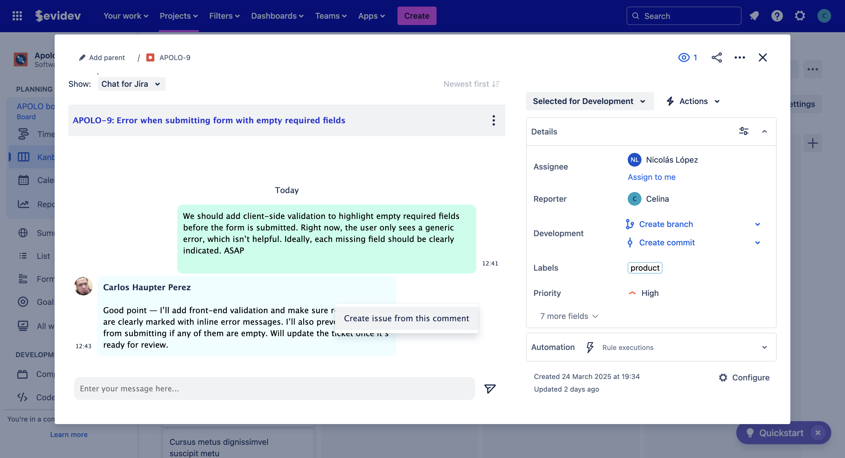 Select *Create issue from this comment* to instantly turn valuable feedback into a trackable Jira issue, ensuring nothing slips through the cracks.