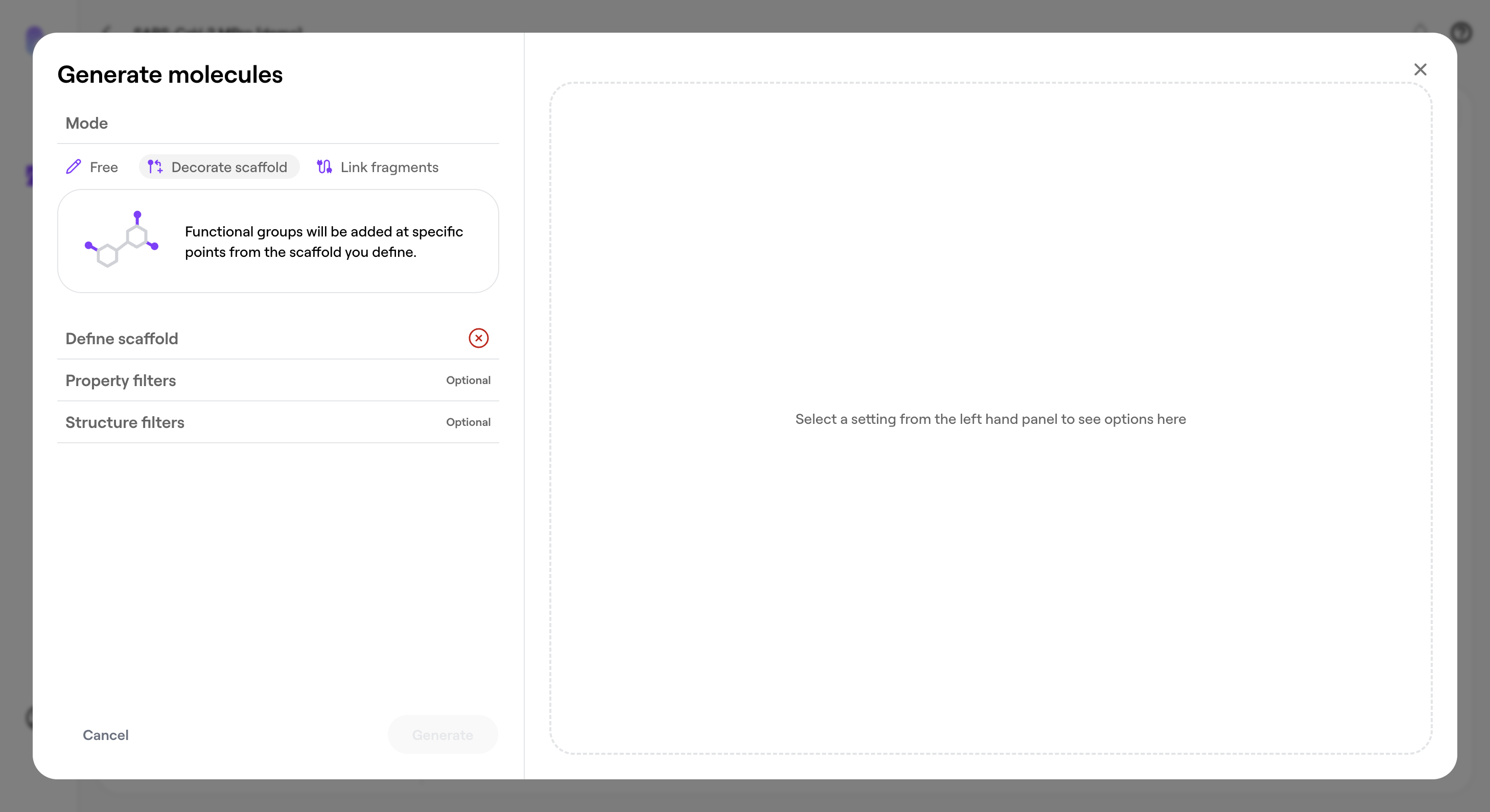 Click Define scaffold to set the foundation for molecular design.