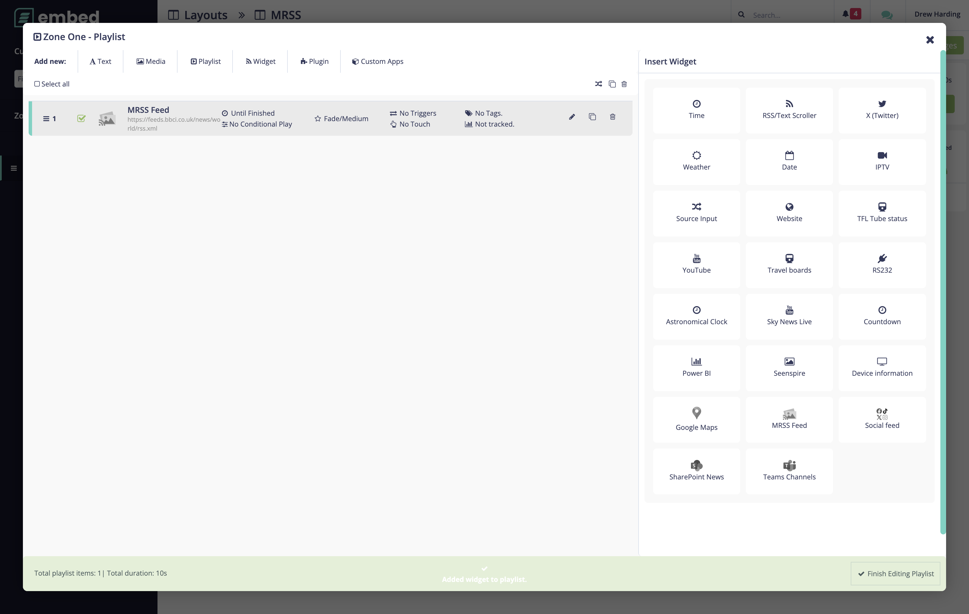 Edit the MRSS Feed item to adjust its settings and content specifics.