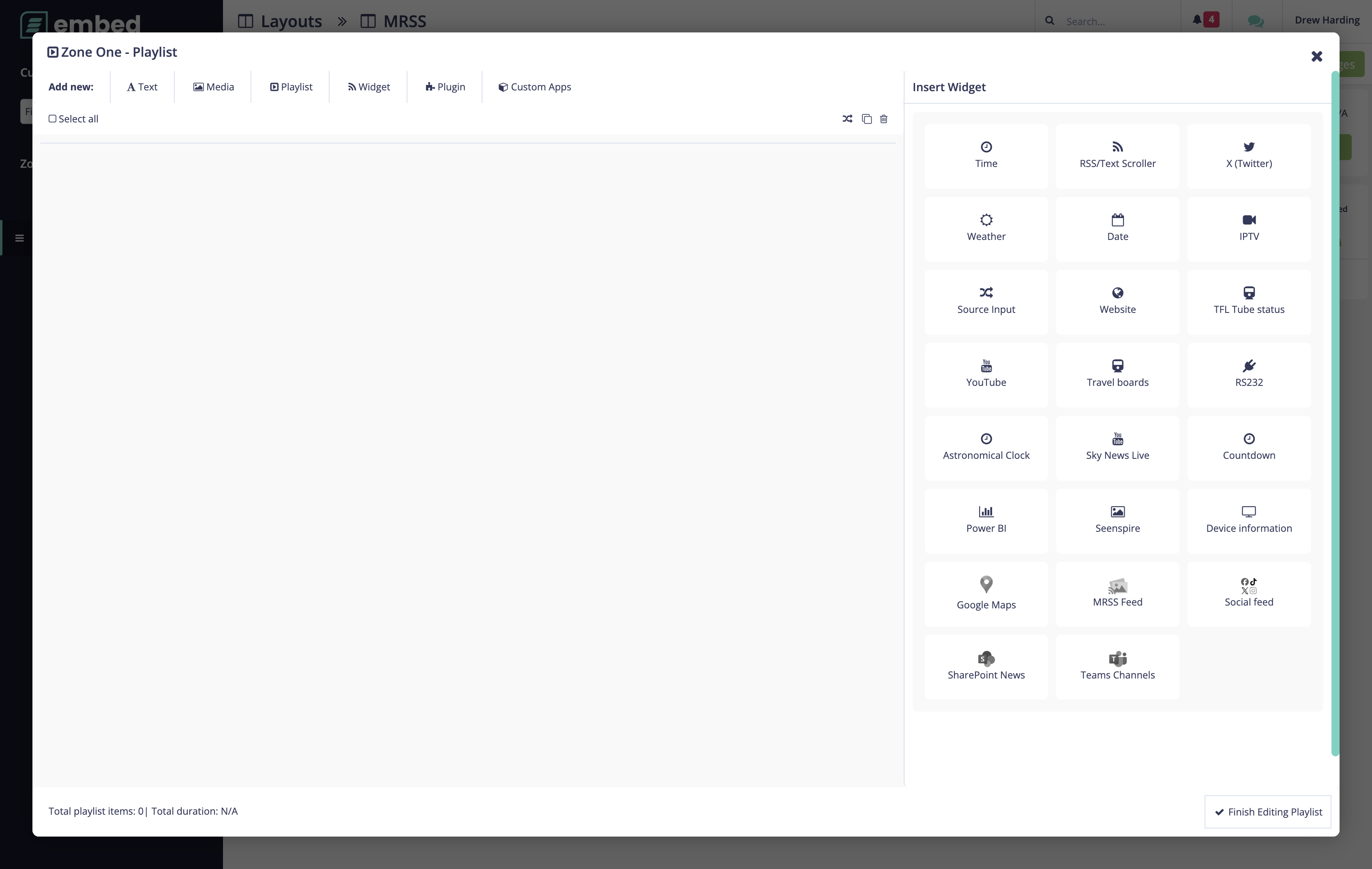 Add an MRSS Feed widget to your playlist to display media from an external feed source.
