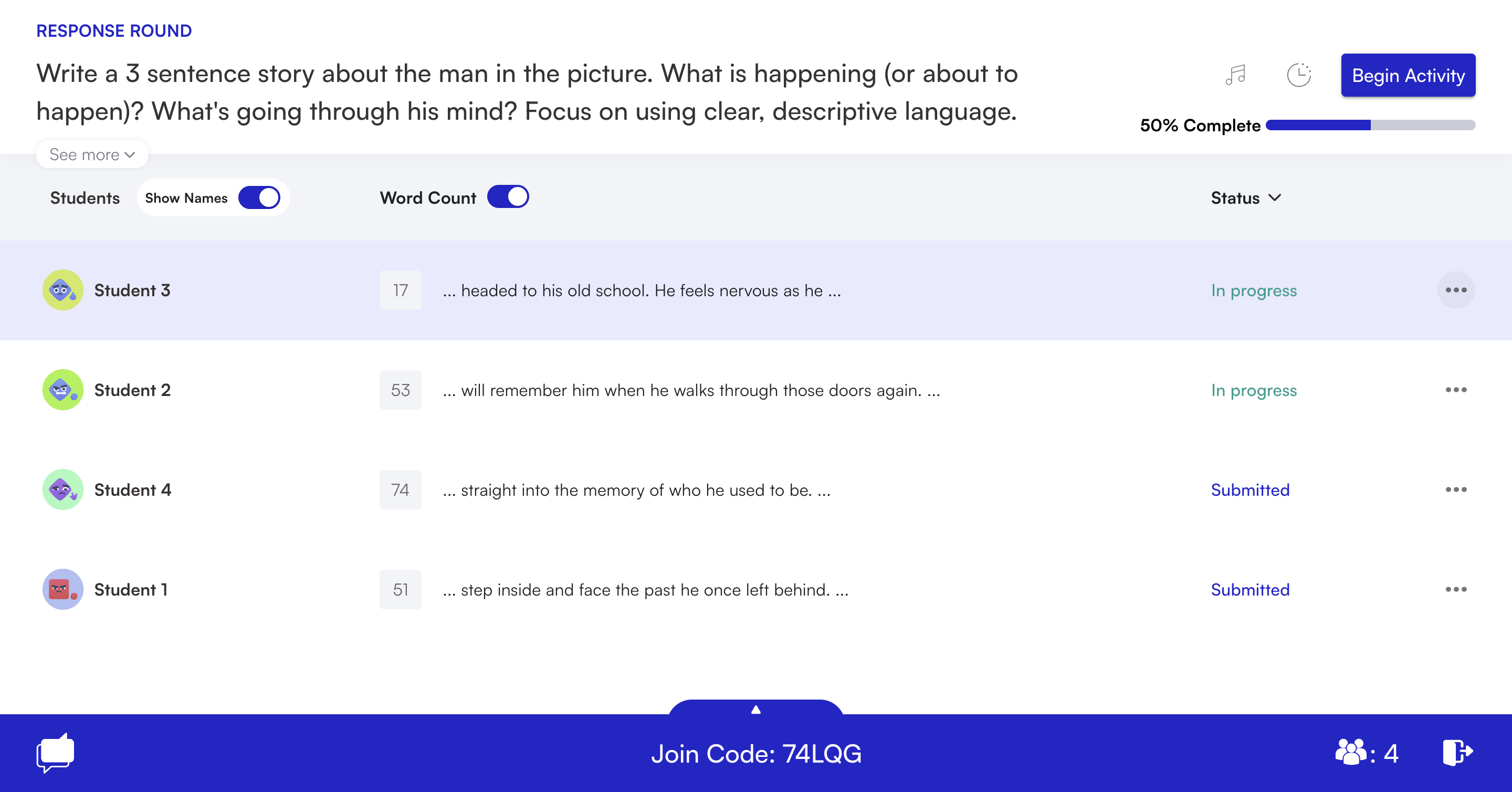 Word counts and a short writing preview will appear as students write during the response round.