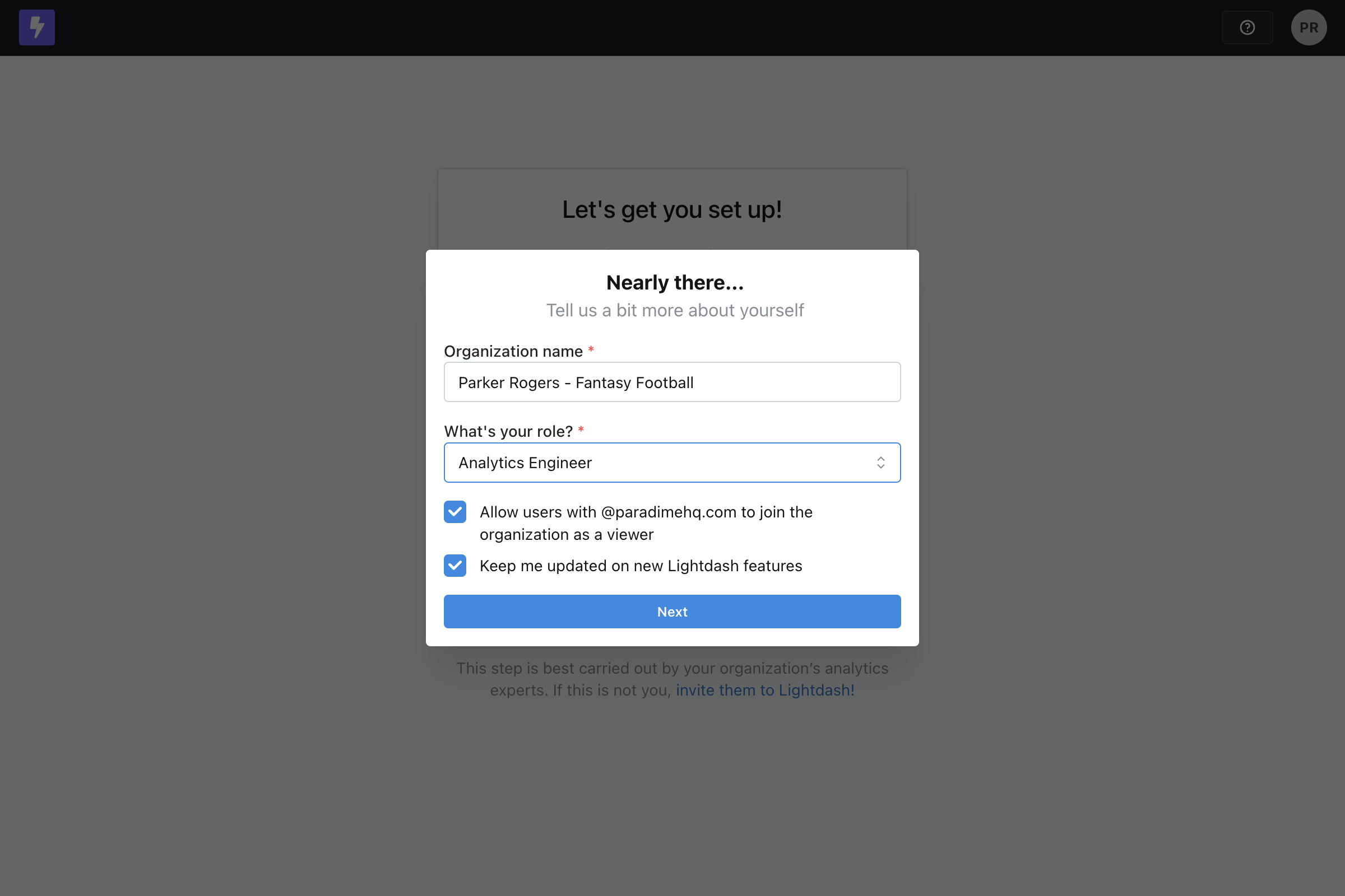 Enter your Organization Name and role, and click "Next"