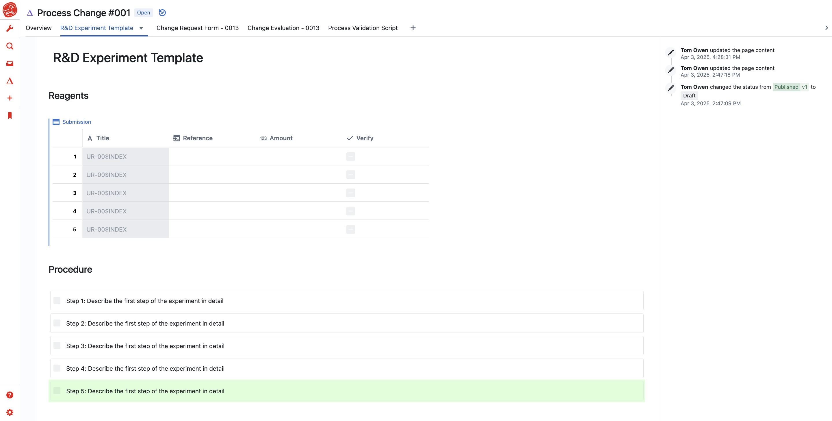 Let's assume we're making a modification to an existing workflow within the ELN - adding step 5.