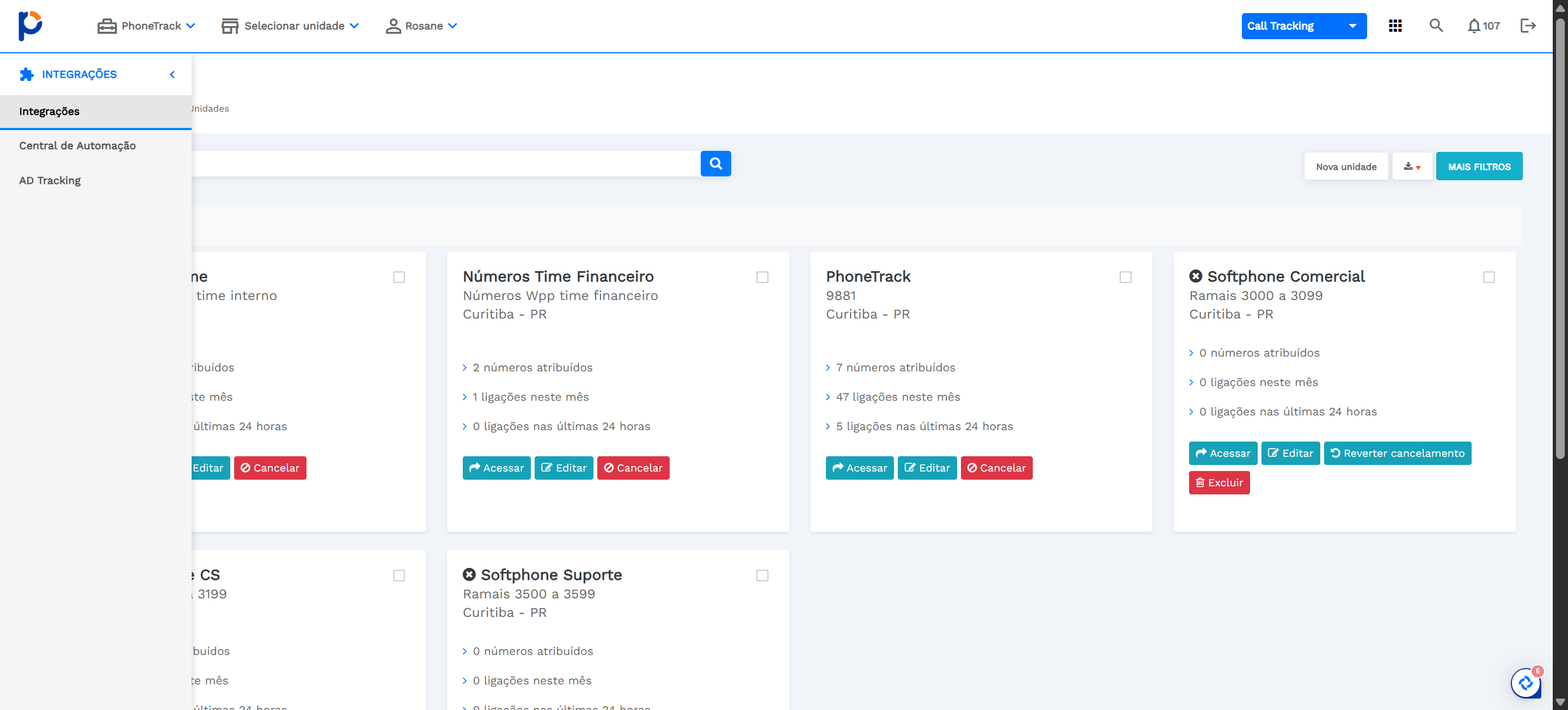 Acesse a seção *"Integrações"* na barra lateral para gerenciar ou visualizar as configurações de integração.