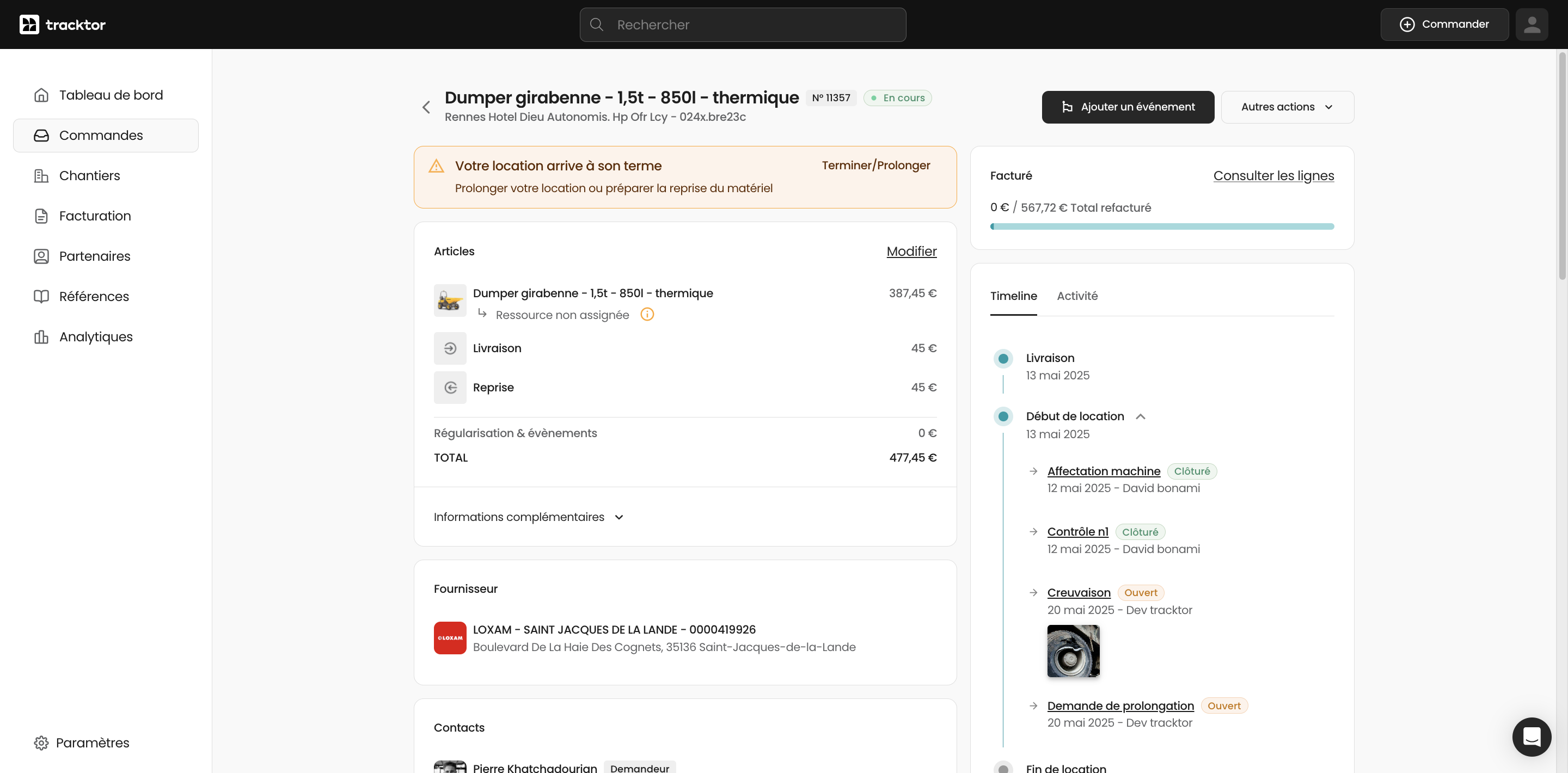 Démarrez en toute simplicité en cliquant sur Ajouter un événement pour planifier ou enregistrer une nouvelle action liée à votre location d'équipement. Centralisez ainsi toutes les étapes importantes de votre commande, du suivi à la gestion des imprévus.