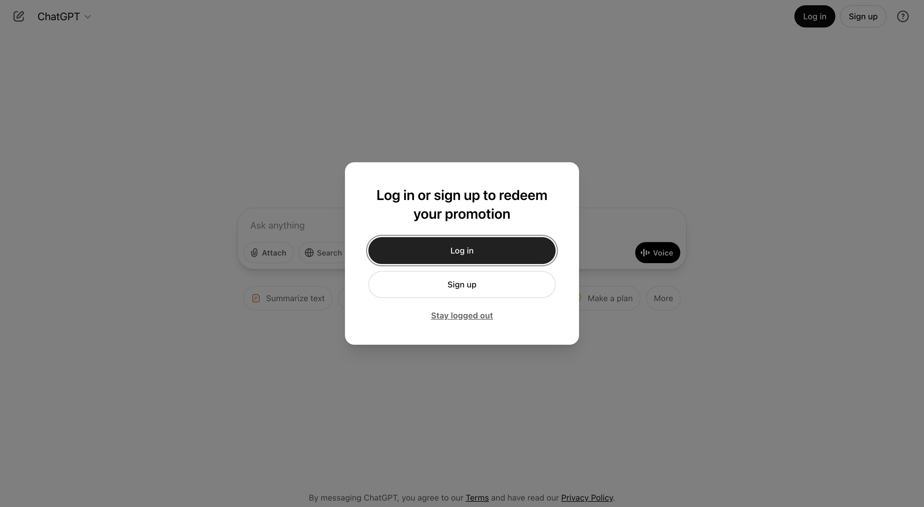 For a new ChatGPT user, they will click the Sign up button to begin creating their account and redeem the promotion.