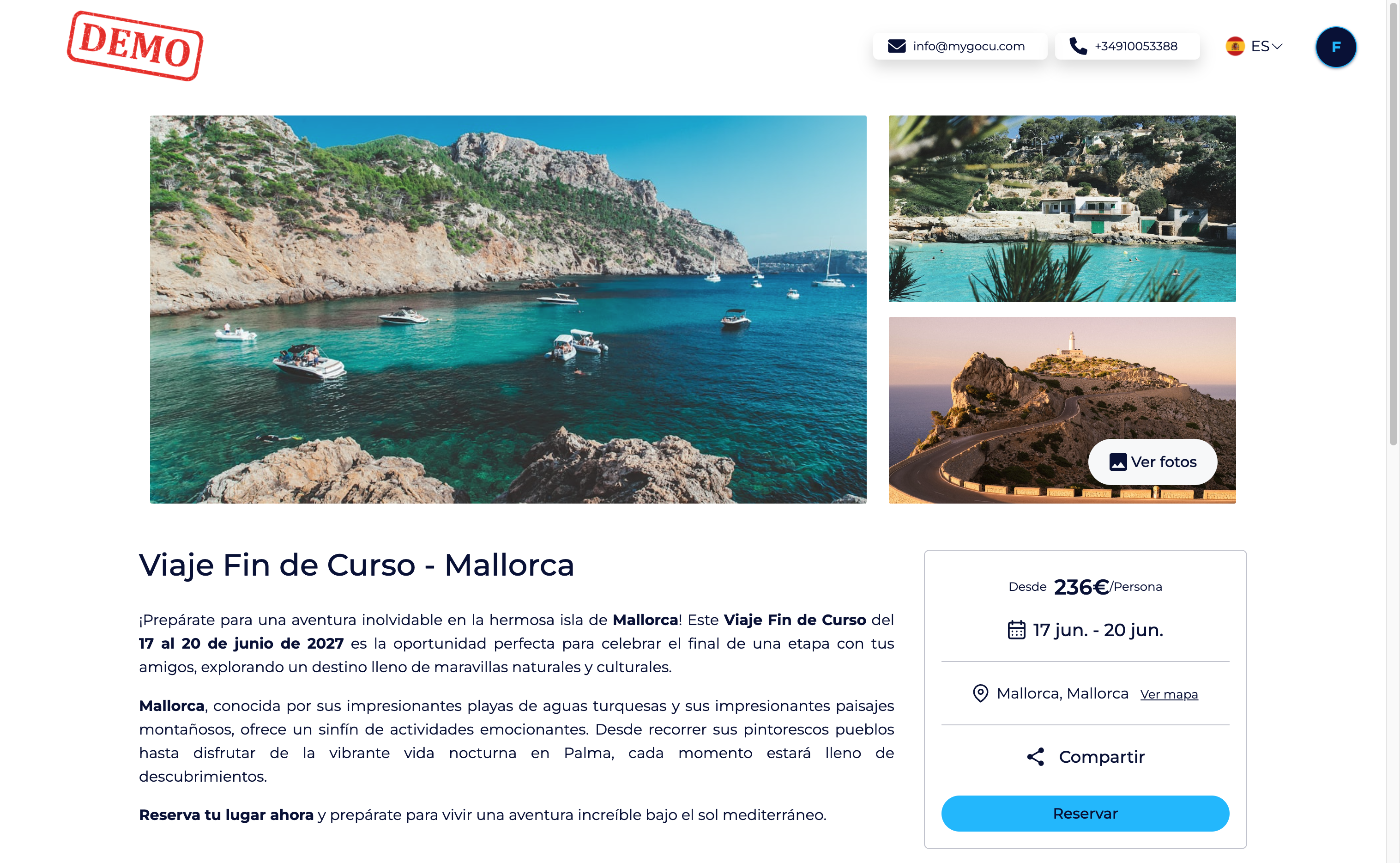 🏖️ Nos encontramos en un **viaje de grupo**, en este caso, a Mallorca.

🎯 Hagamos click en **Reservar** y descubramos el nuevo flujo de reserva por grupos.