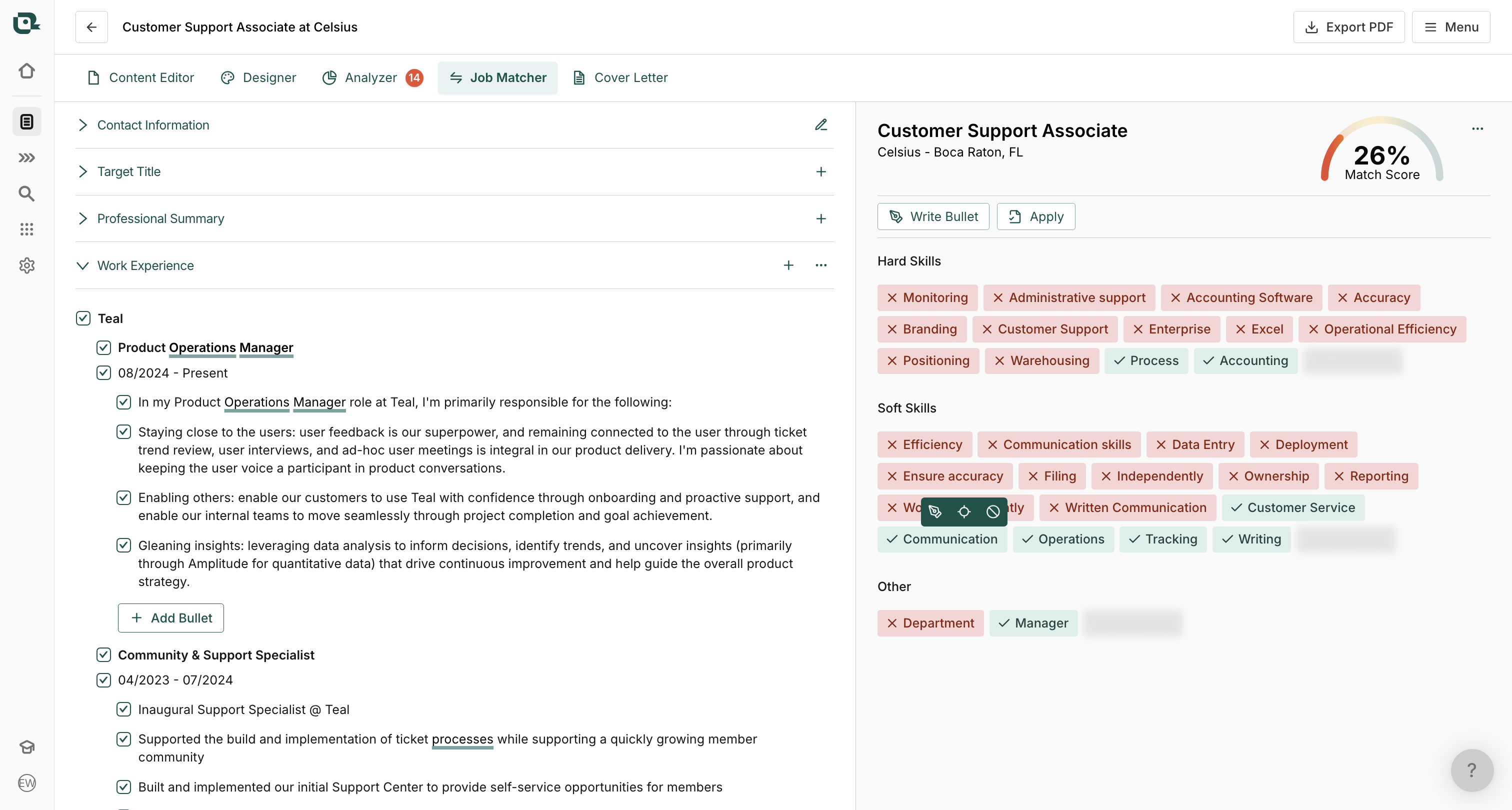 Click the Write Bullet button to start crafting a tailored resume bullet for your chosen position.