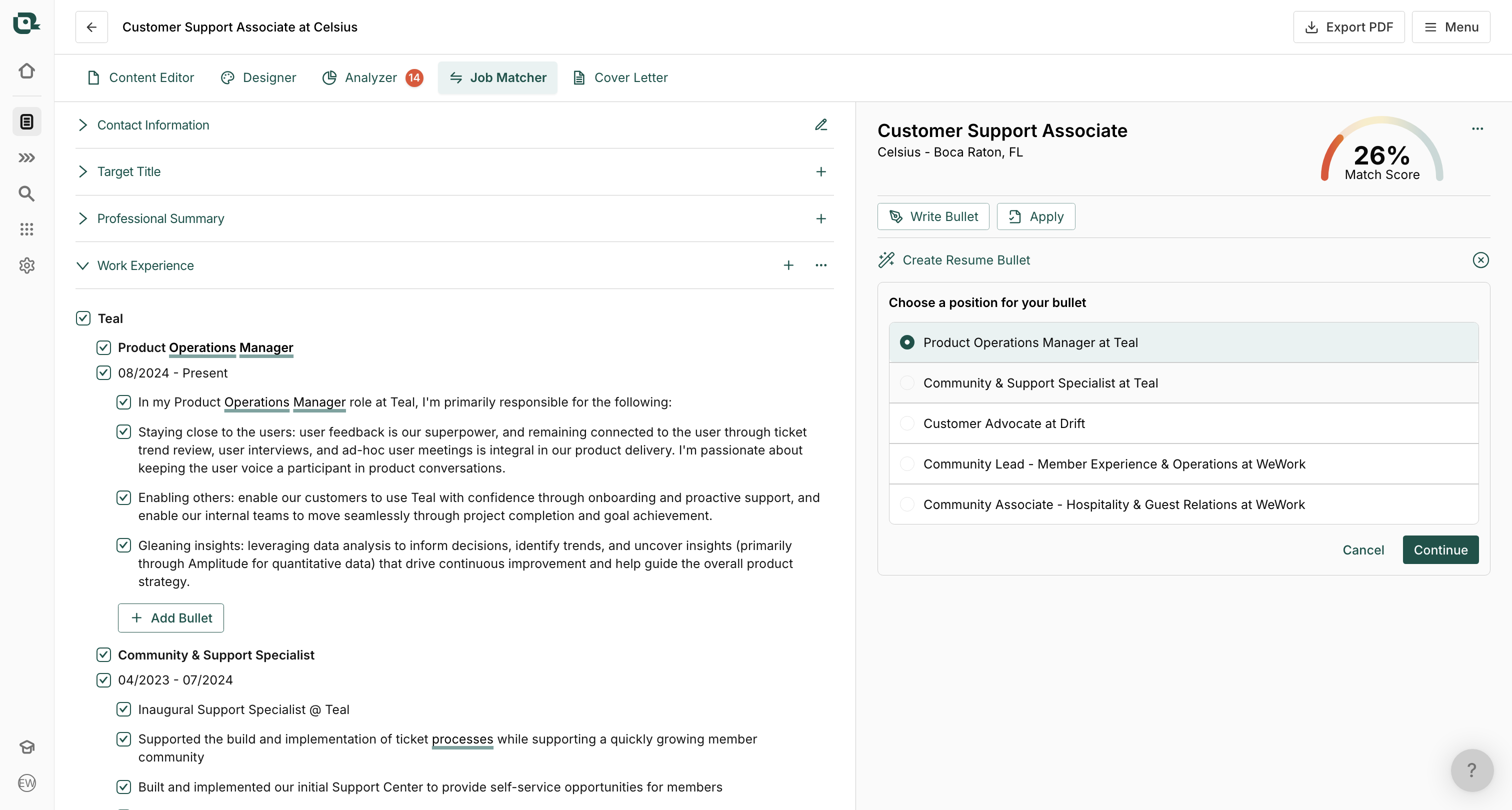 Select the relevant job position, then click Continue to move forward in generating a custom resume bullet point.