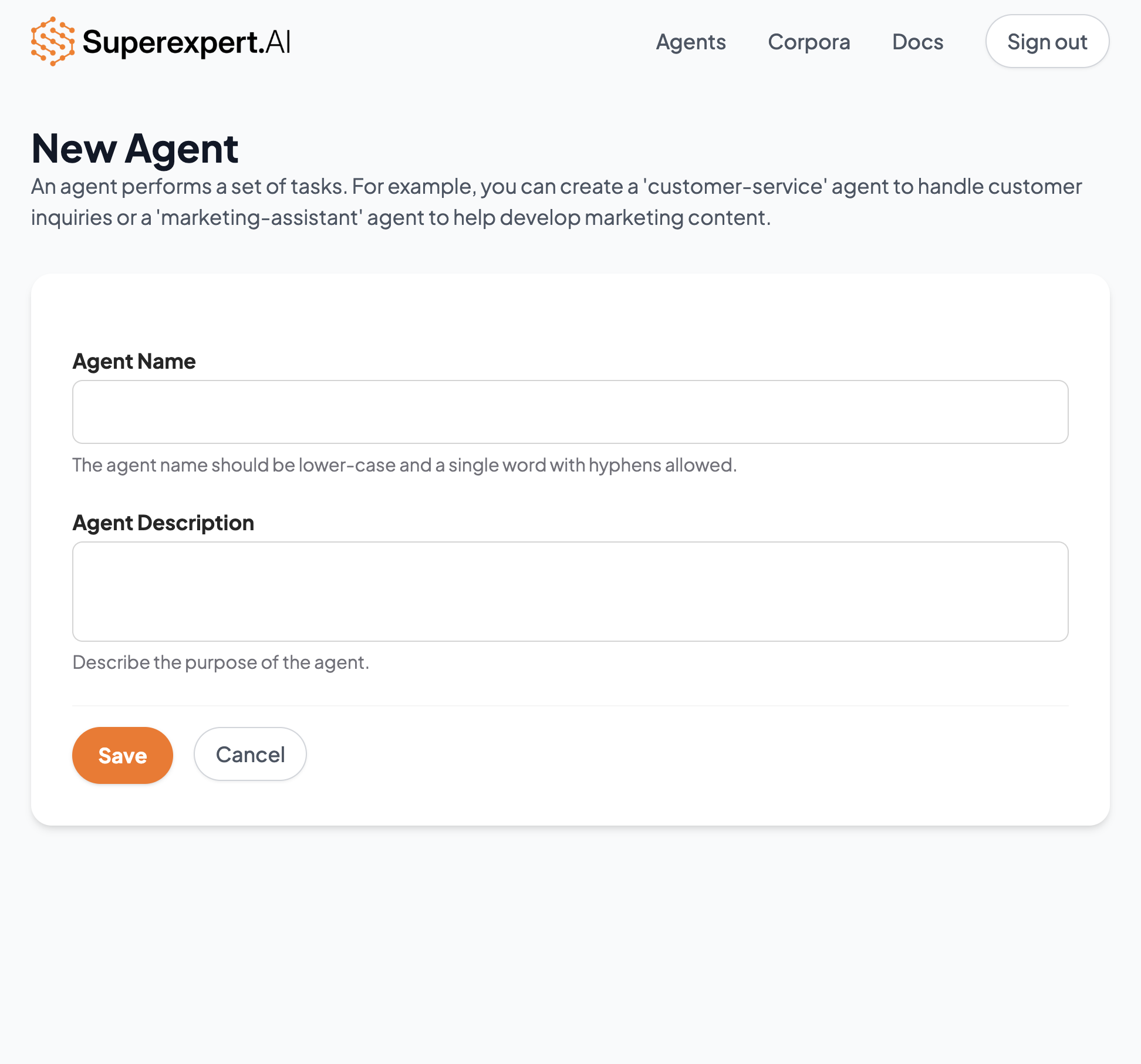 Start by entering a unique name for your AI agent. Remember, it should be lowercase and a single word.