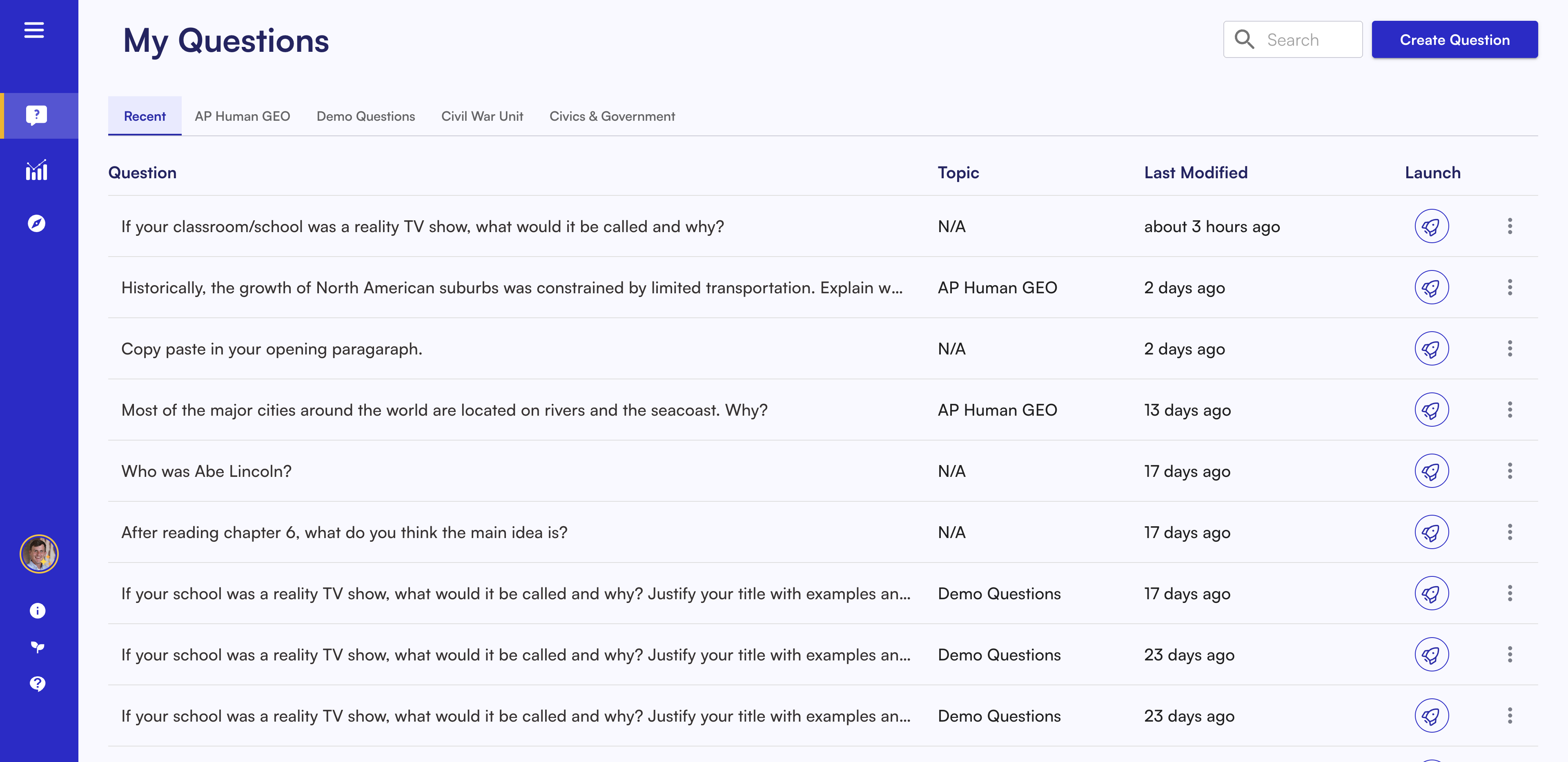 Click **Create Question** to add a new question or writing prompt