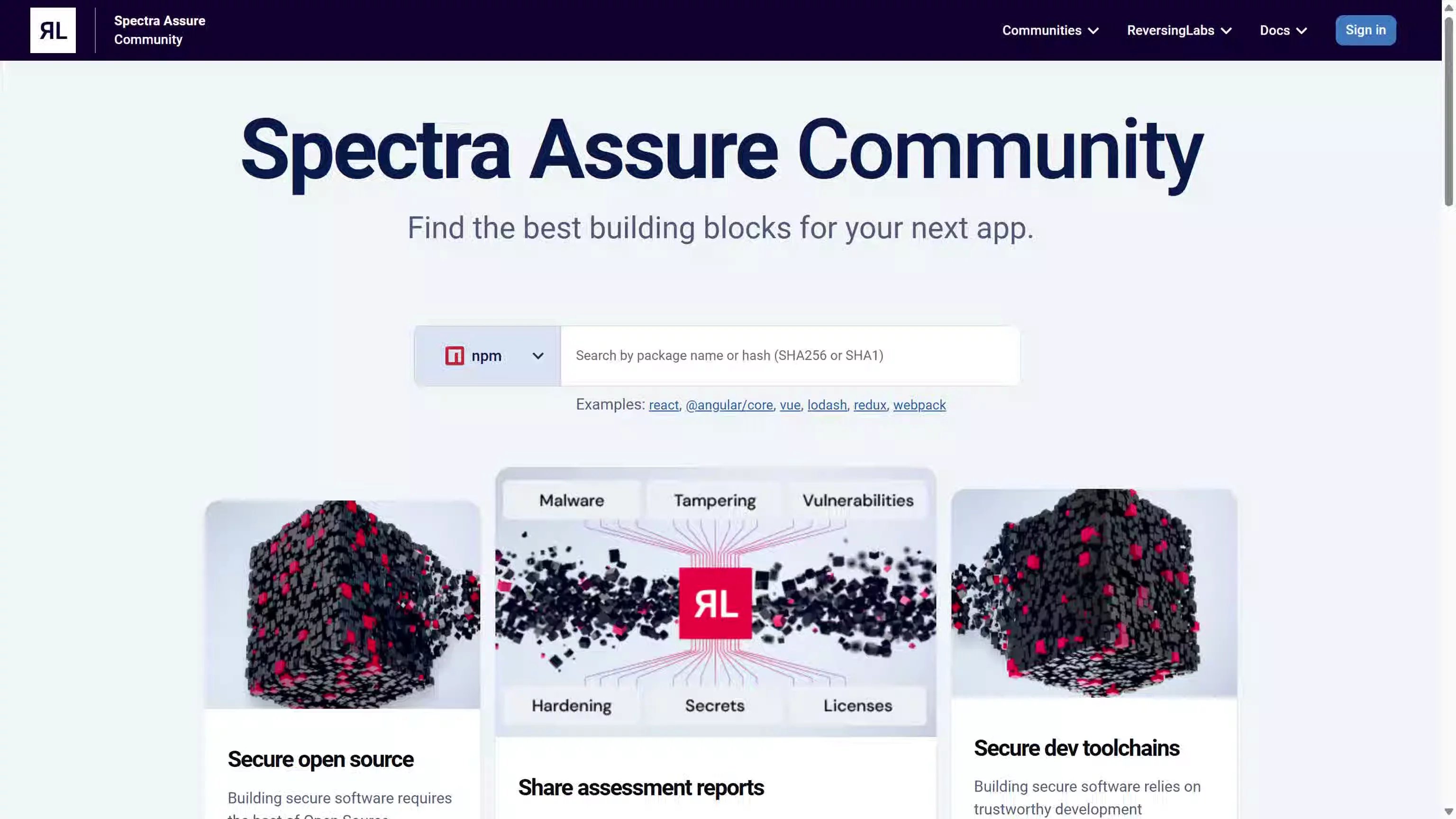 Spectra Assure Community is the largest free community resource that makes it easy for software producers to quickly vet open source software packages by providing a comprehensive risk analysis.