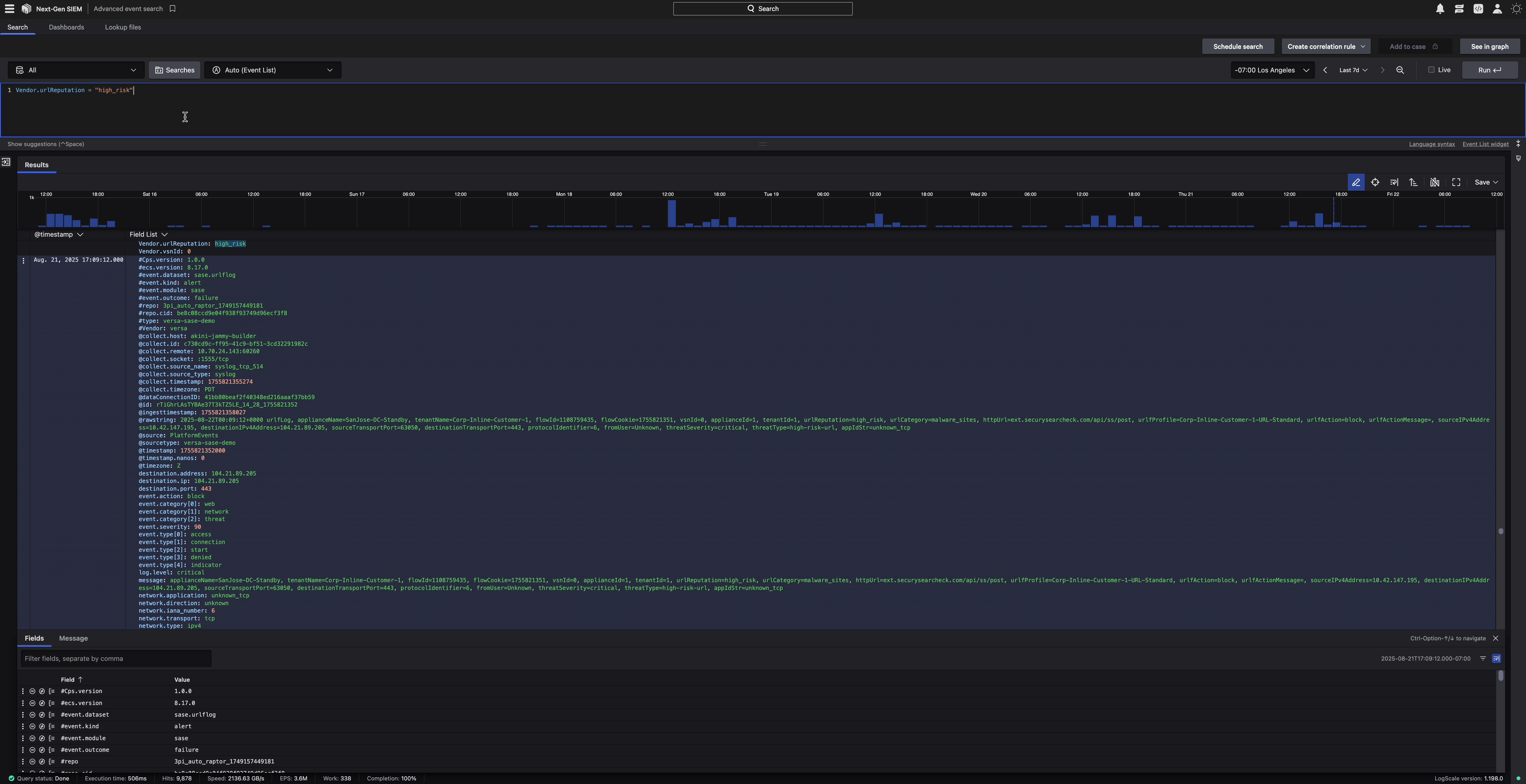 In CrowdStrike Next-Gen SIEM, we can run an Advanced Event Search against website threats that Versa has identified. Detected events from Versa are displayed in the table below, and the timeline view above identifies when the threats occurred.