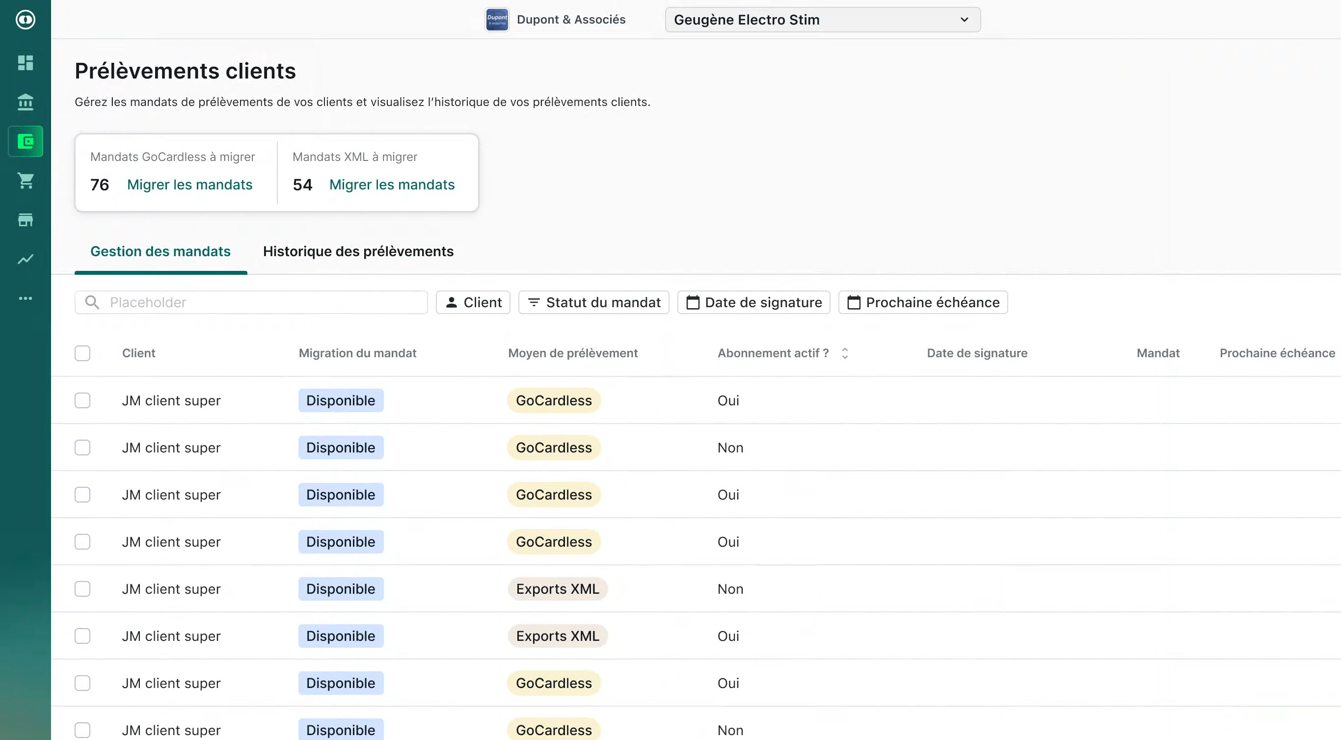 Dans le module Prélèvements clients du Compte Pro, sélectionnez les mandats "Exports XML" que vous souhaitez migrer.