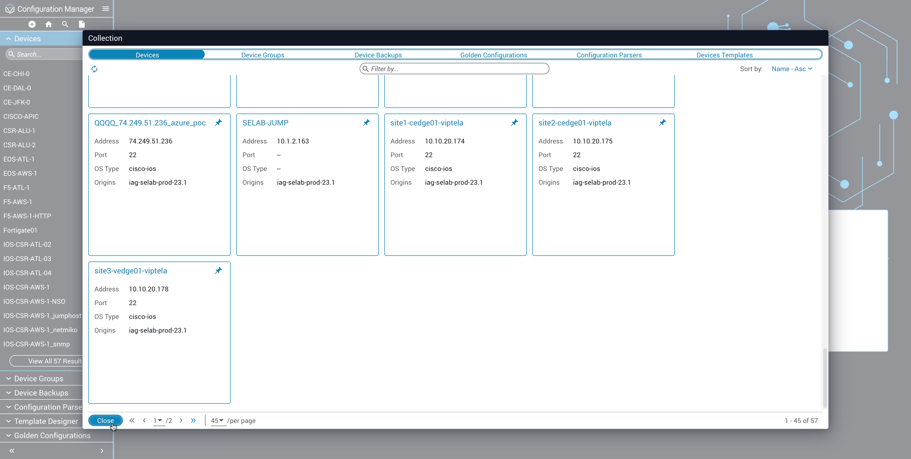 This inventory includes physical devices from Cisco, Juniper, Arista, F5, Palo Alto, as well as cloud-based services in AWS and Azure.