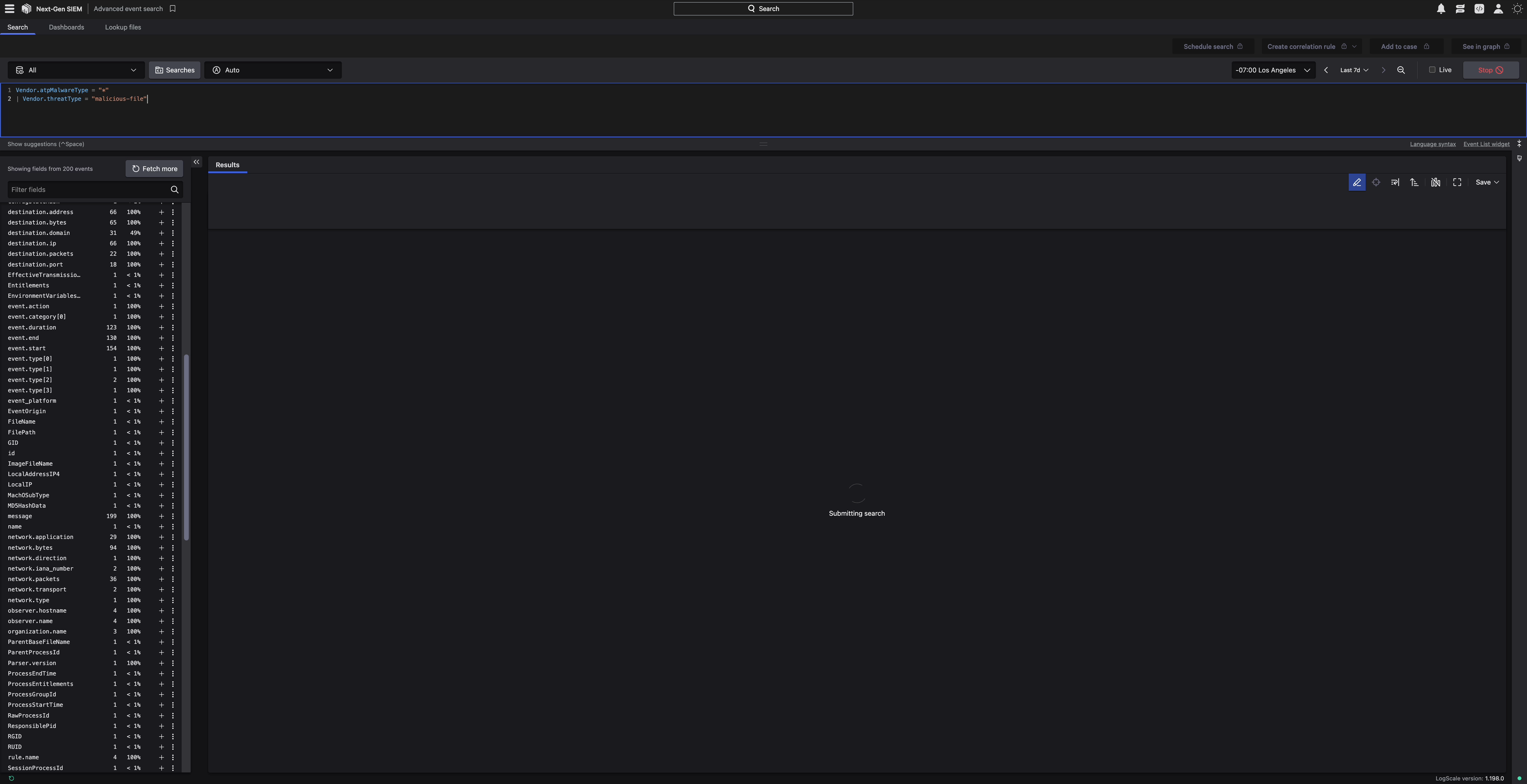 In CrowdStrike Next-Gen SIEM, we can run an Advanced Event Search against advanced threats that Versa AI has identified. Detected events from Versa are displayed in the table below, and the timeline view above identifies when the threats occurred.