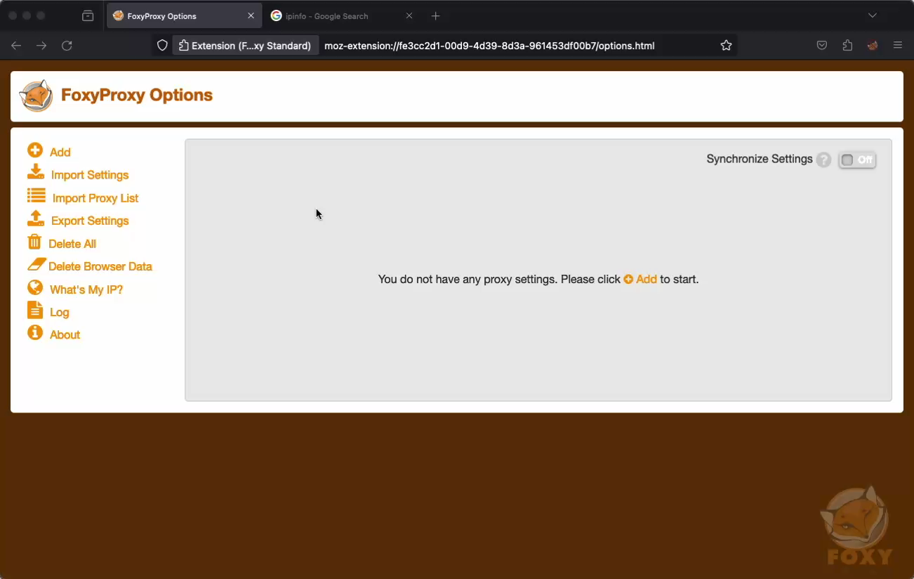 Once you've installed FoxyProxy, open the settings and click "Add" to add Illusory Proxies.