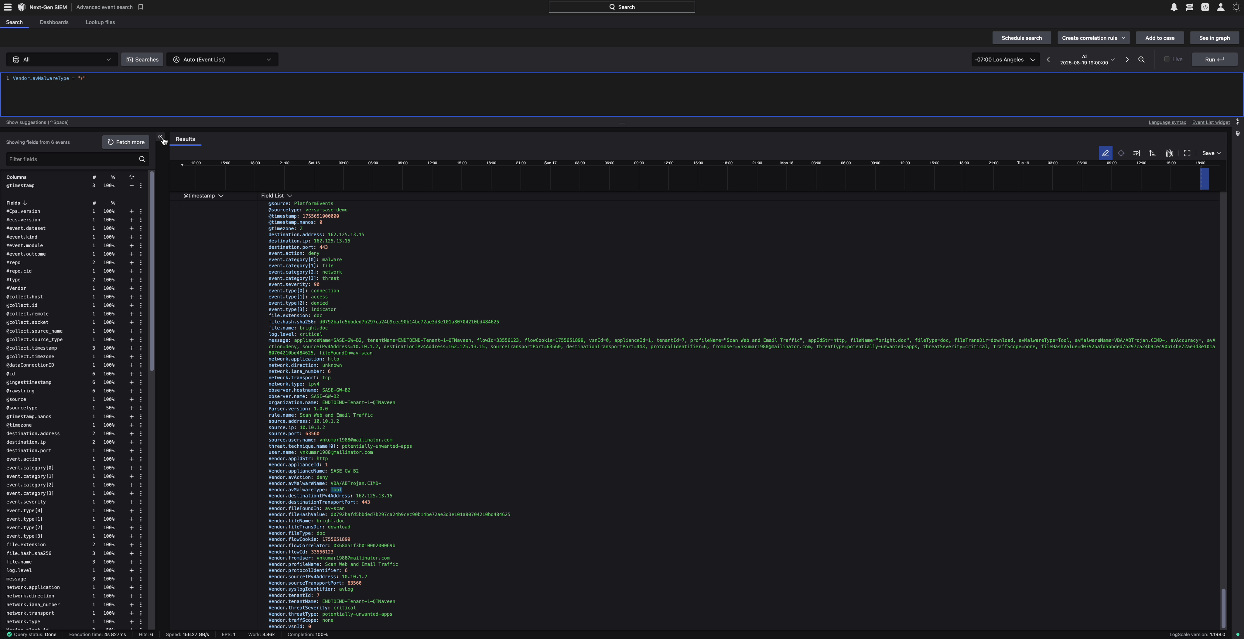 In CrowdStrike Next-Gen SIEM, we can run an Advanced Event Search against malware threats that Versa has identified. Detected events from Versa are displayed in the table below, and the timeline view above identifies when the threats occurred.