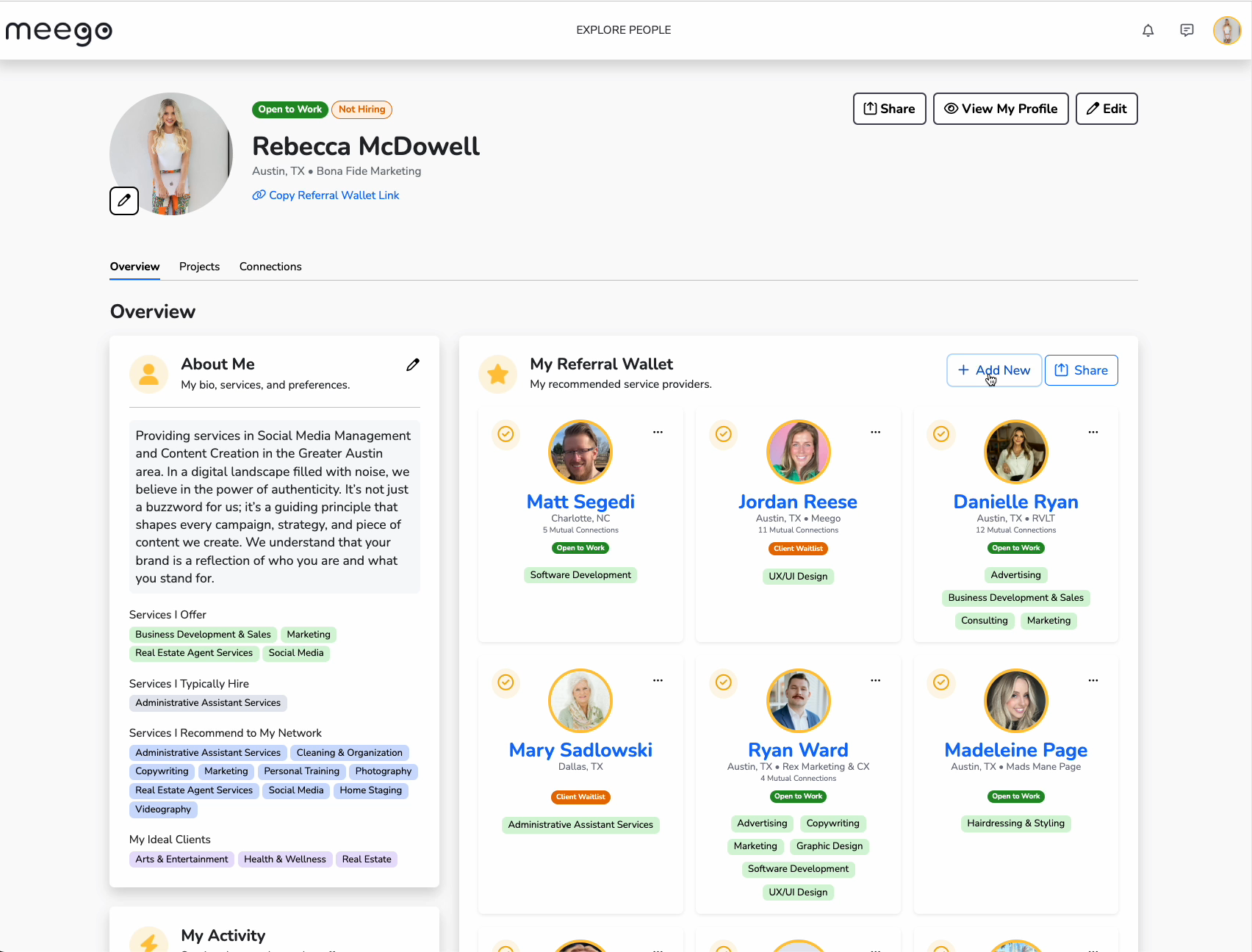 Click to add new service providers to your referral wallet.