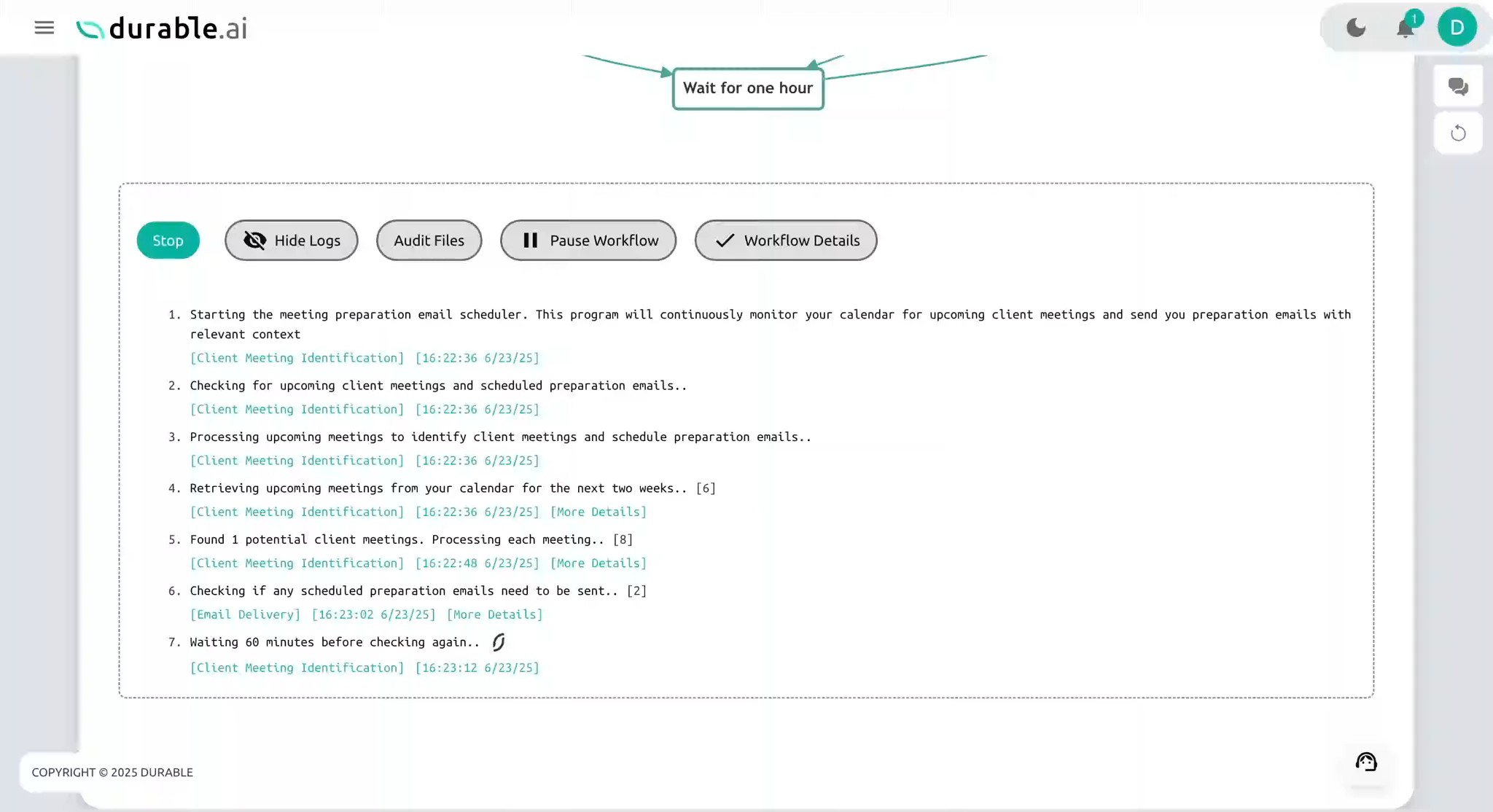 You can review your workflow activity in the log pane at the bottom of the document