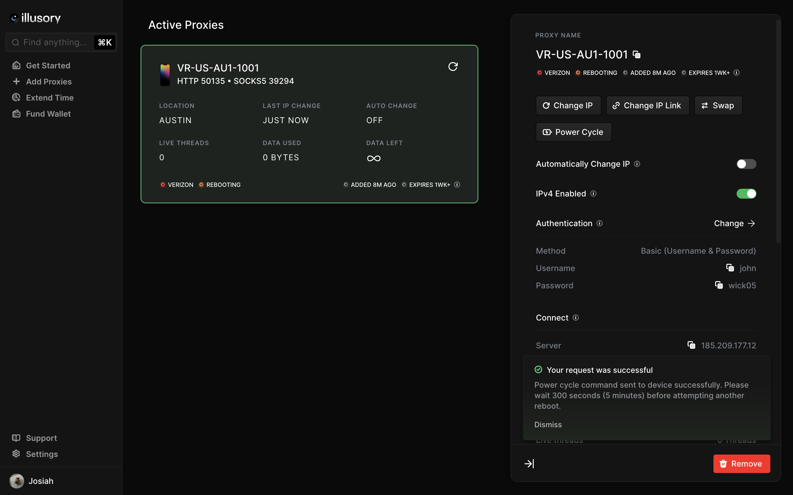 You should see the proxy Network Status indicator change to rebooting.