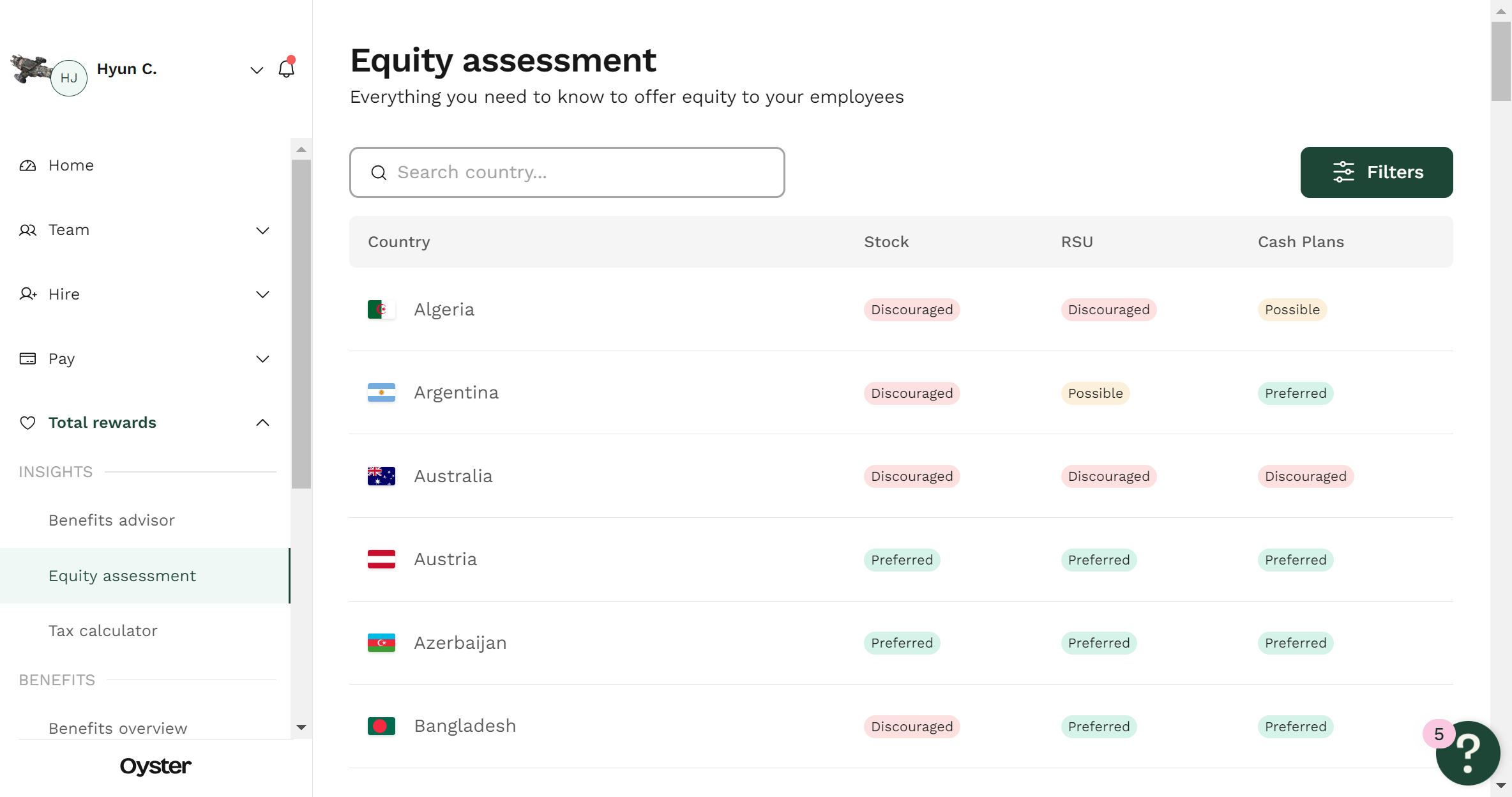 The equity assessment tool helps you identify what type of equity (Stock Options, RSU or Cash Plans) makes sense based on where the team member is located. 

Simply search for the country you're interested in.

Step 1 of 4