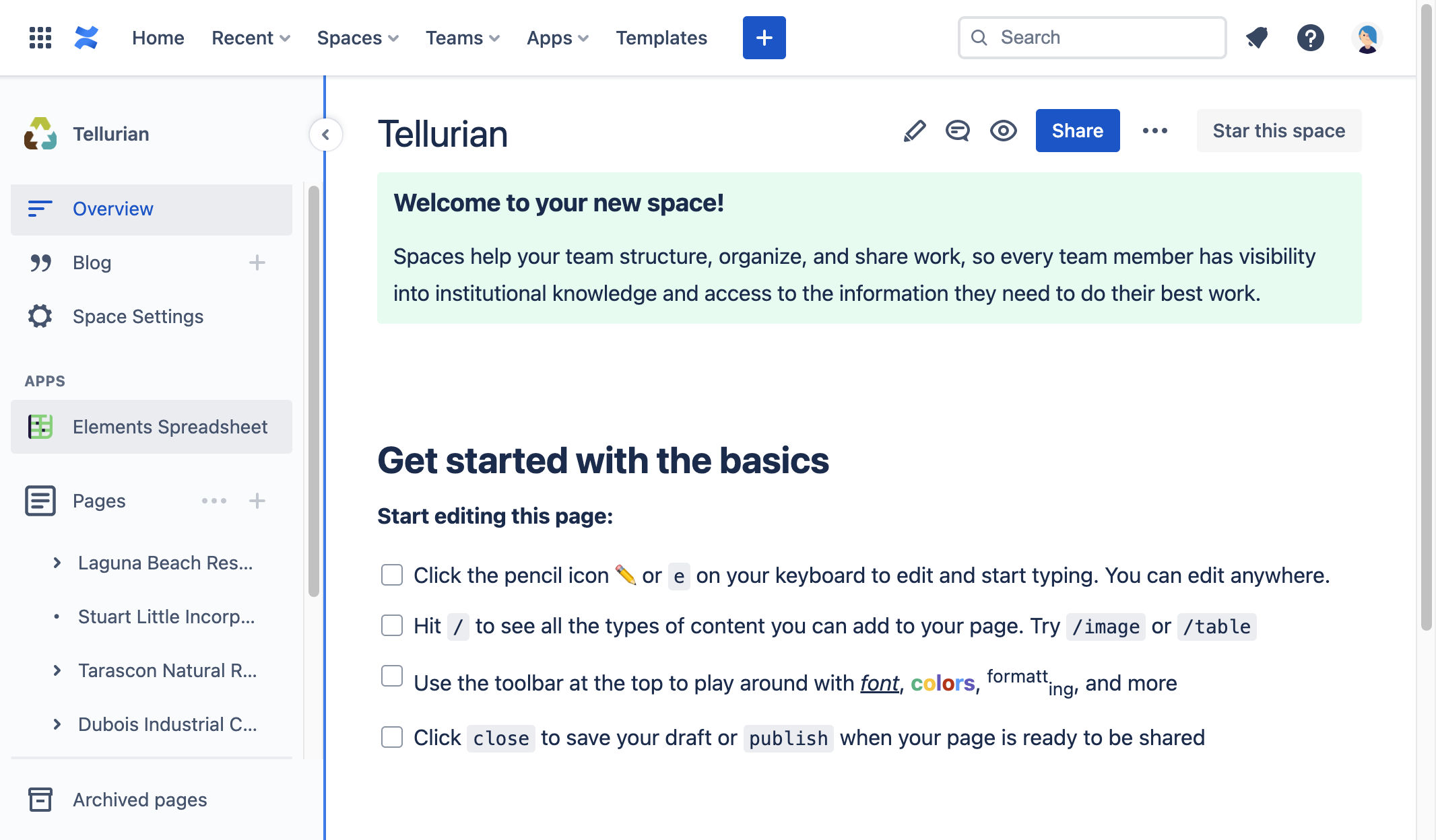 Sunny needs a Risk template available in Confluence for the Tellurian team. She'll create a new custom template with Elements Spreadsheet.
