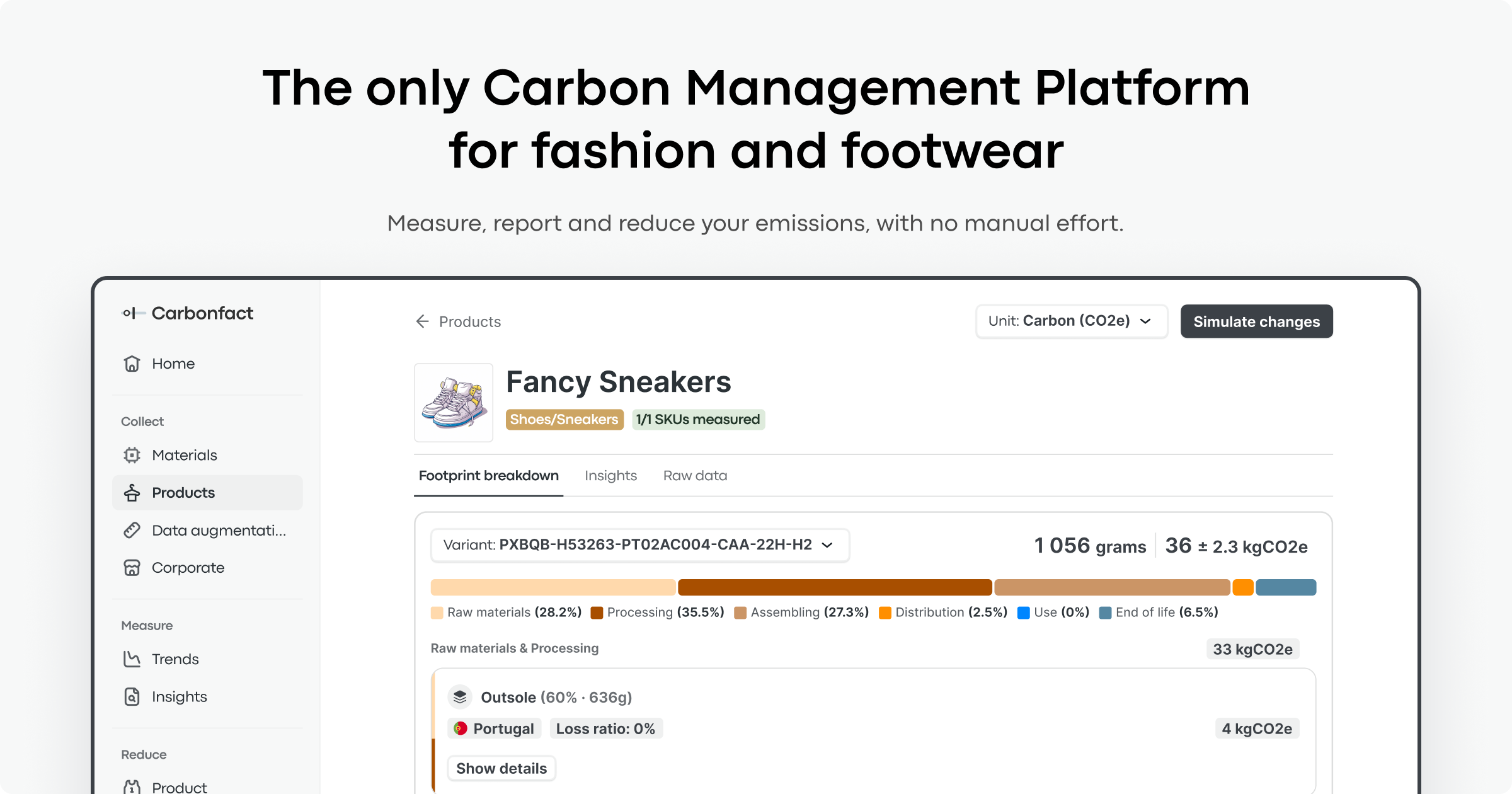 Hello, welcome to the Carbonfact footwear product tour. In just a few minutes, we'll guide you through the main features: Product LCA, Carbon Accounting, Compliance and Disclosure, and Decarbonization. 