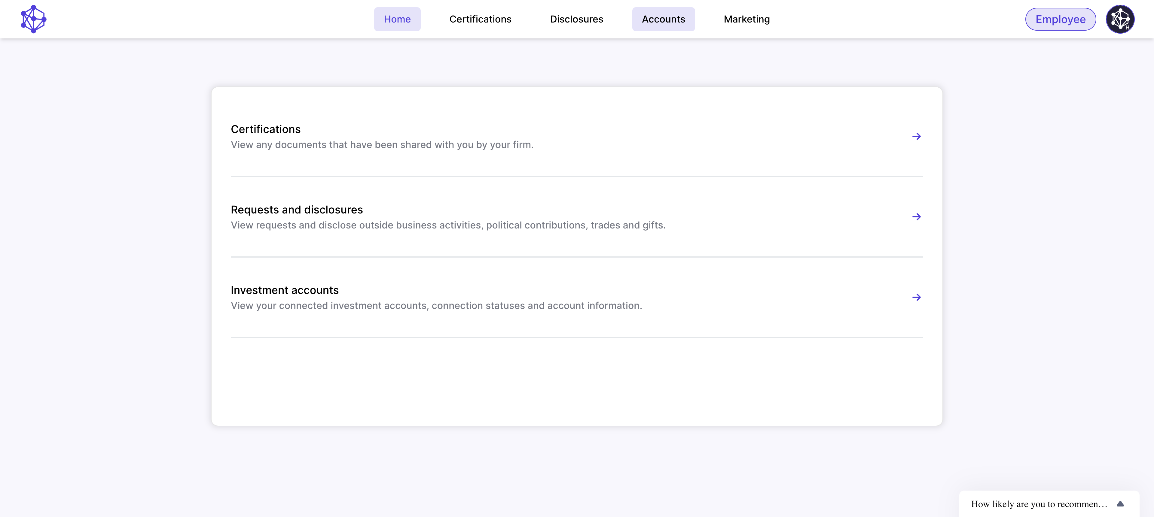 To add your initial holdings to a personal securities account, click into "Accounts"