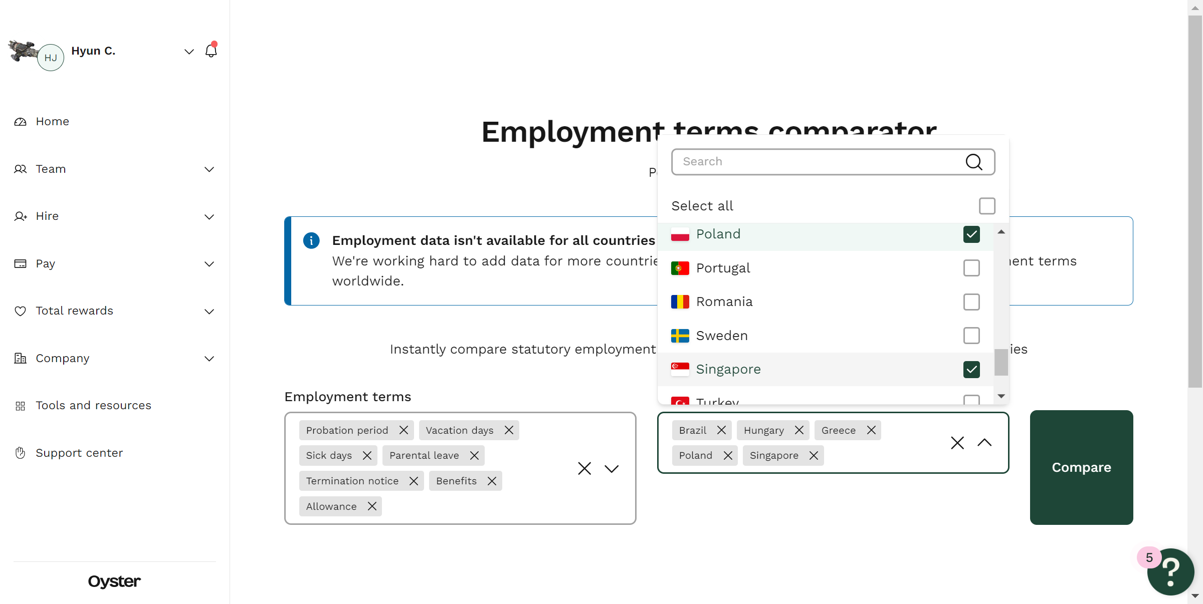 Choose the specific employment terms you need and compare multiple countries simultaneously. It's a practical way to evaluate your options.

Step 2 of 3