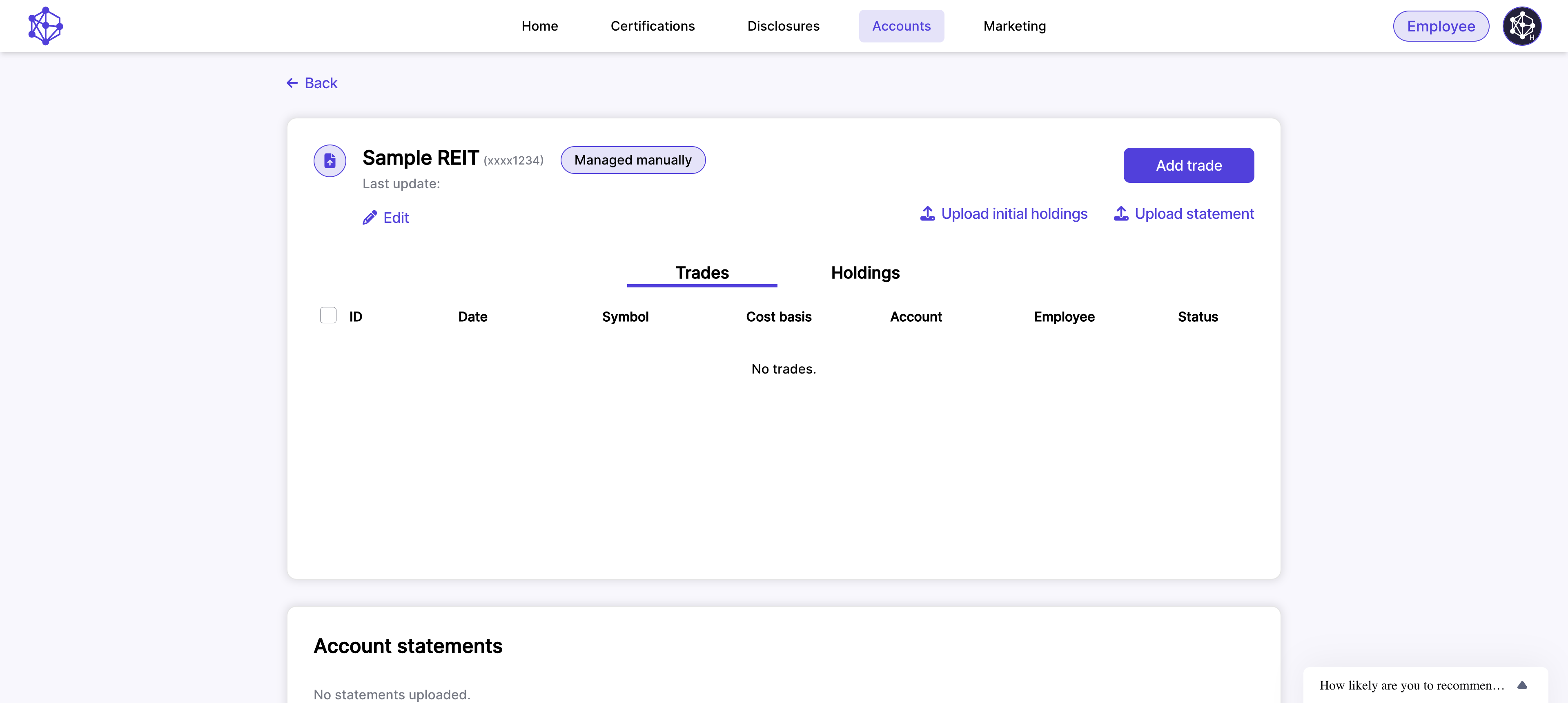 Select "Upload initial holdings"