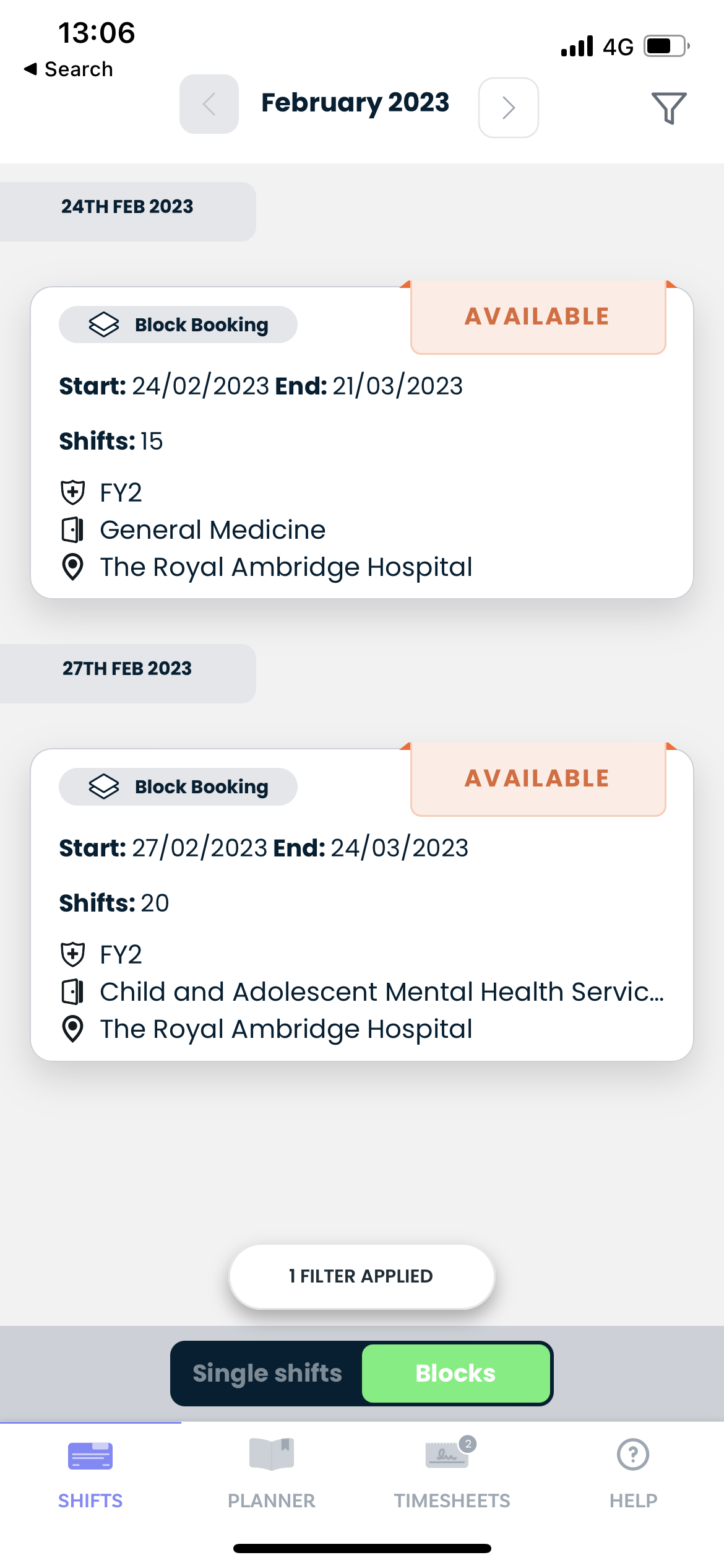 Block bookings are clearly indicated within the shift modal.