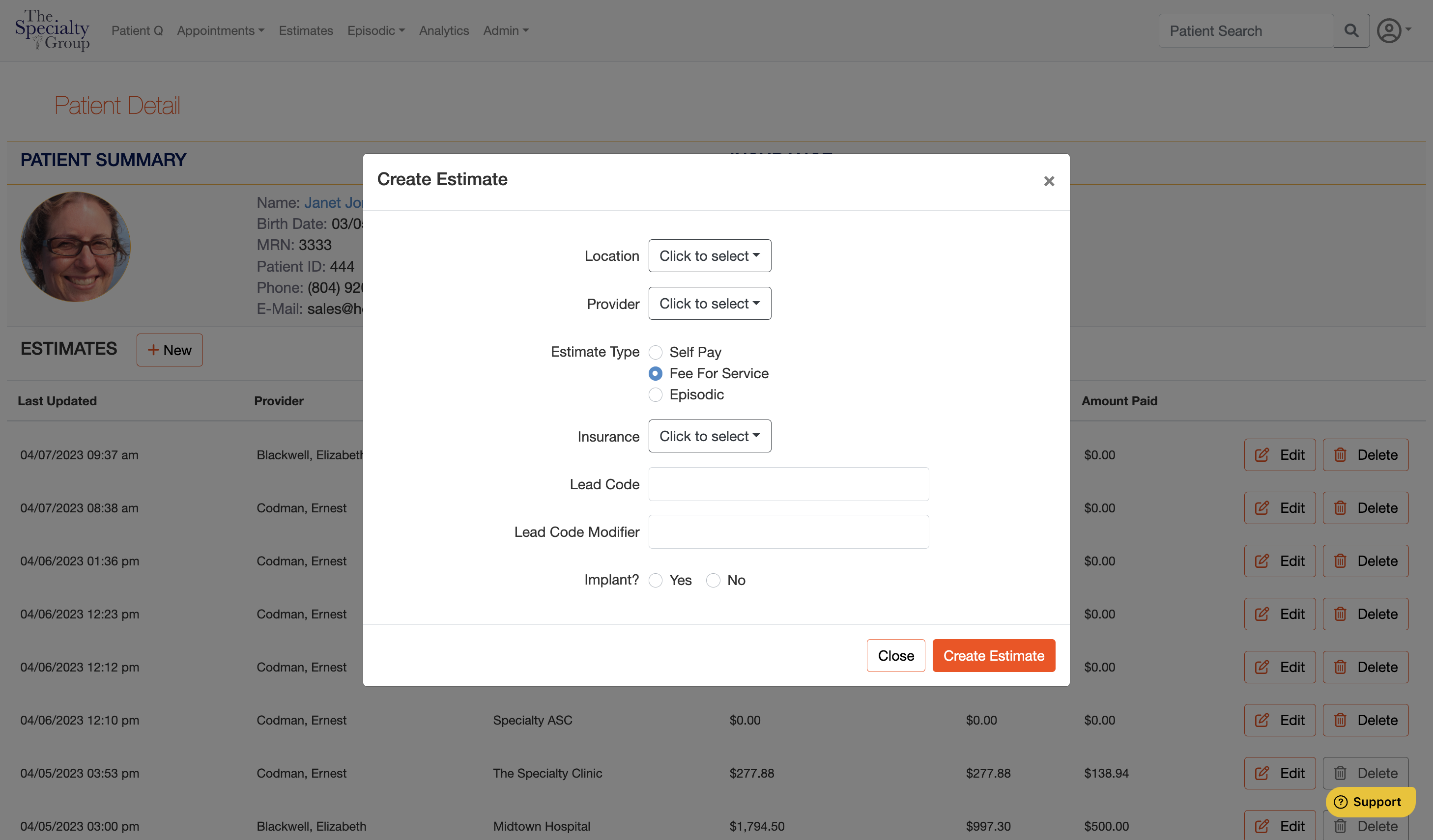 Select key data to generate estimate