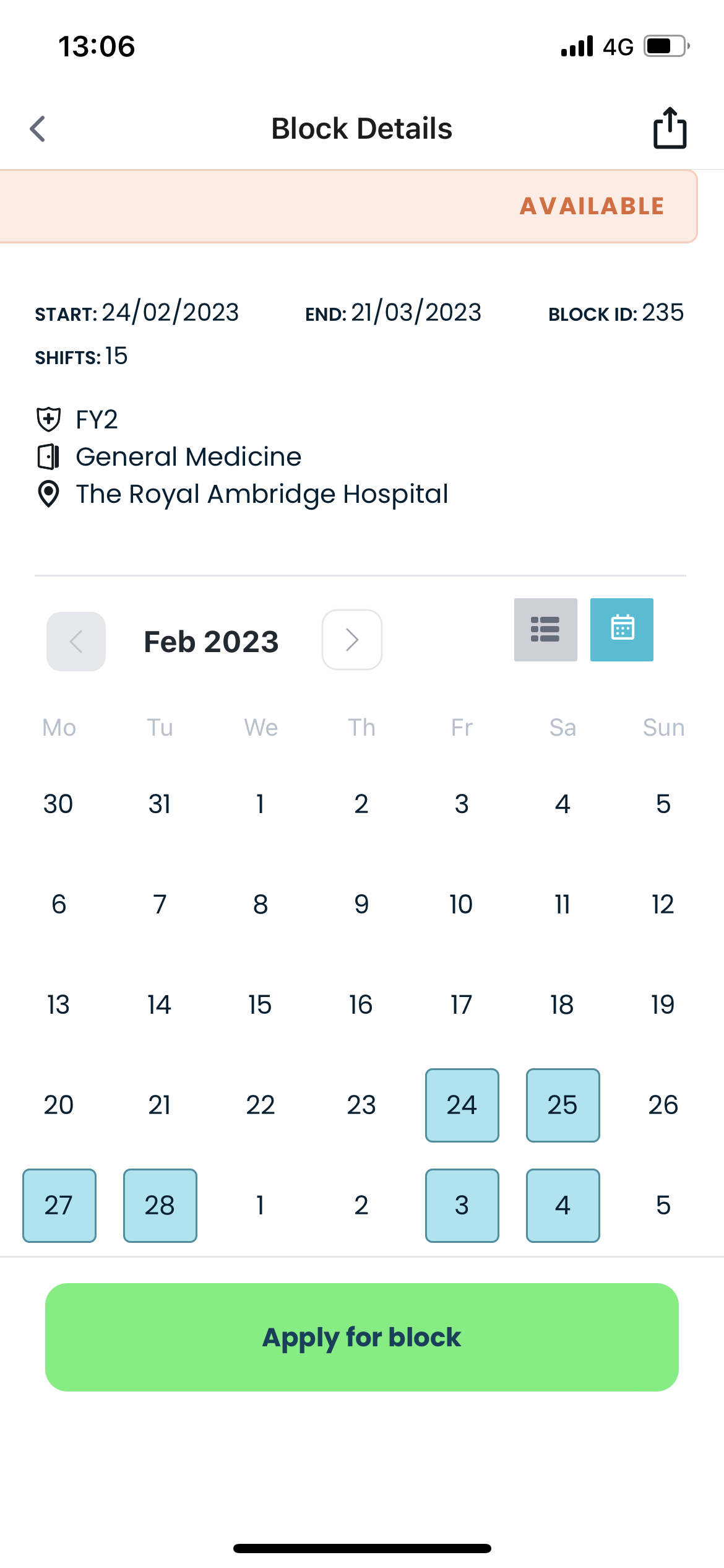 The calendar functionality clearly shows the dates on which shifts occur within the block. Click on the date to view further shift details.