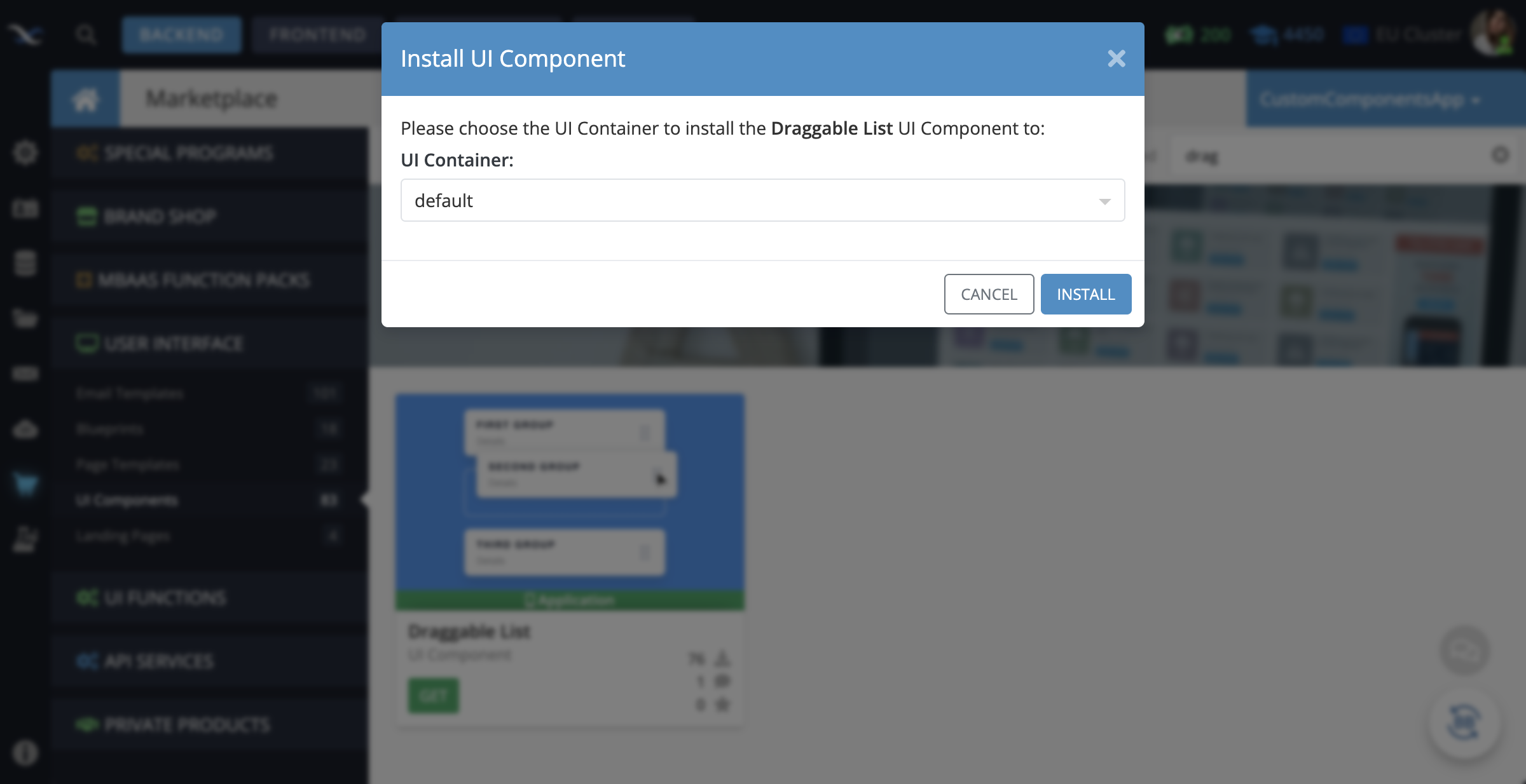 Install the component to the UI Container of your choice