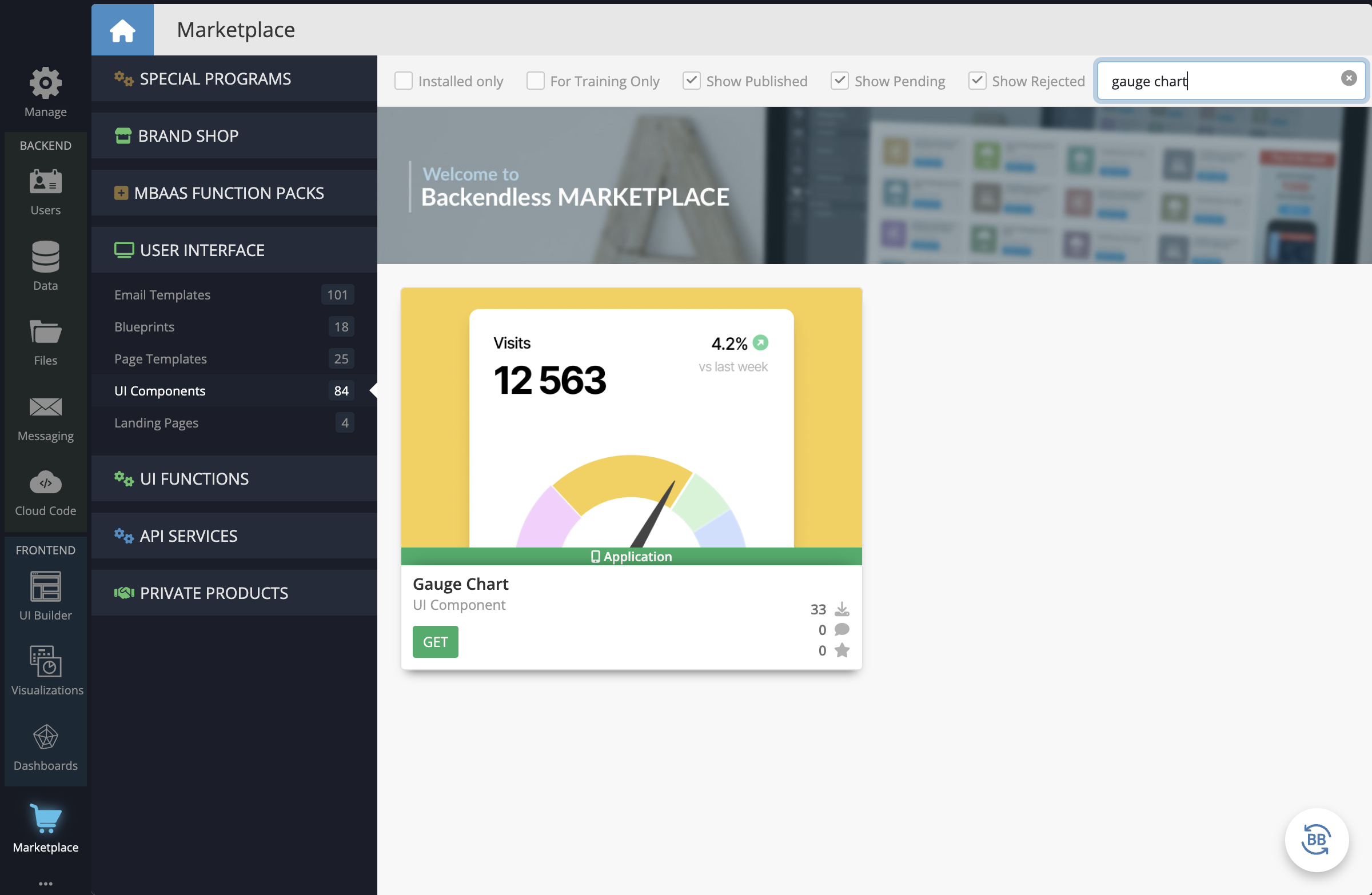 In your Backendless App, go to the Marketplace -> User Interface tab and install the Gauge Chart component