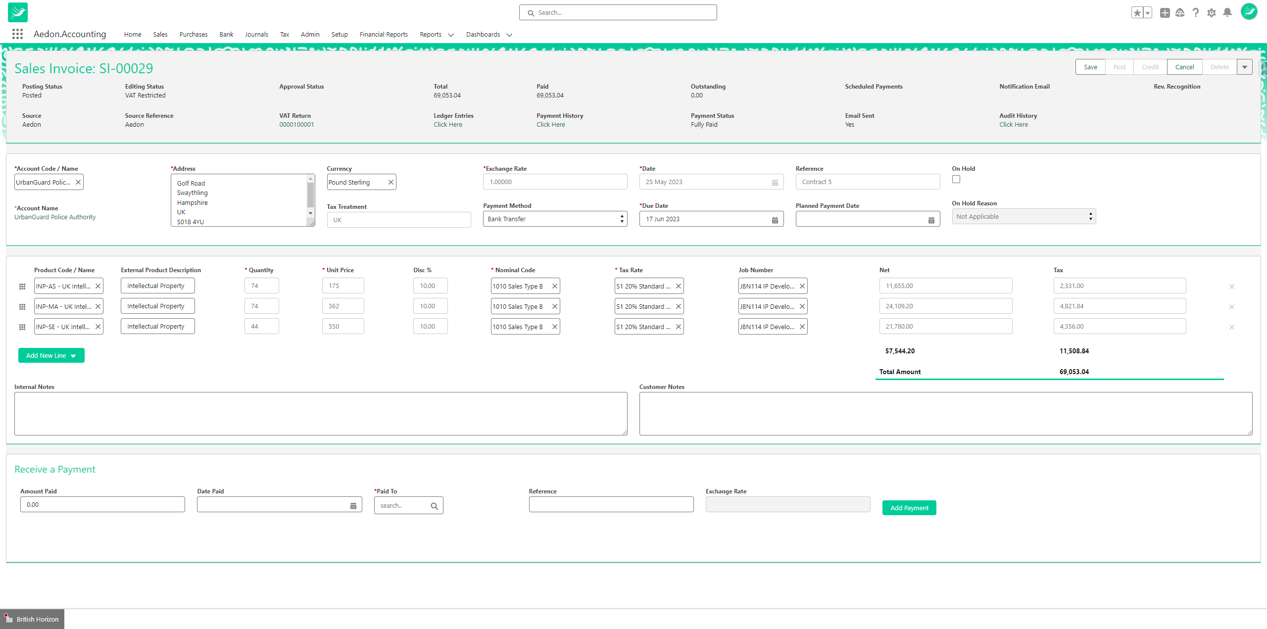 The Sales Invoice is tailored for the finance user with 3 sections:  Status, Header and Transaction Items 