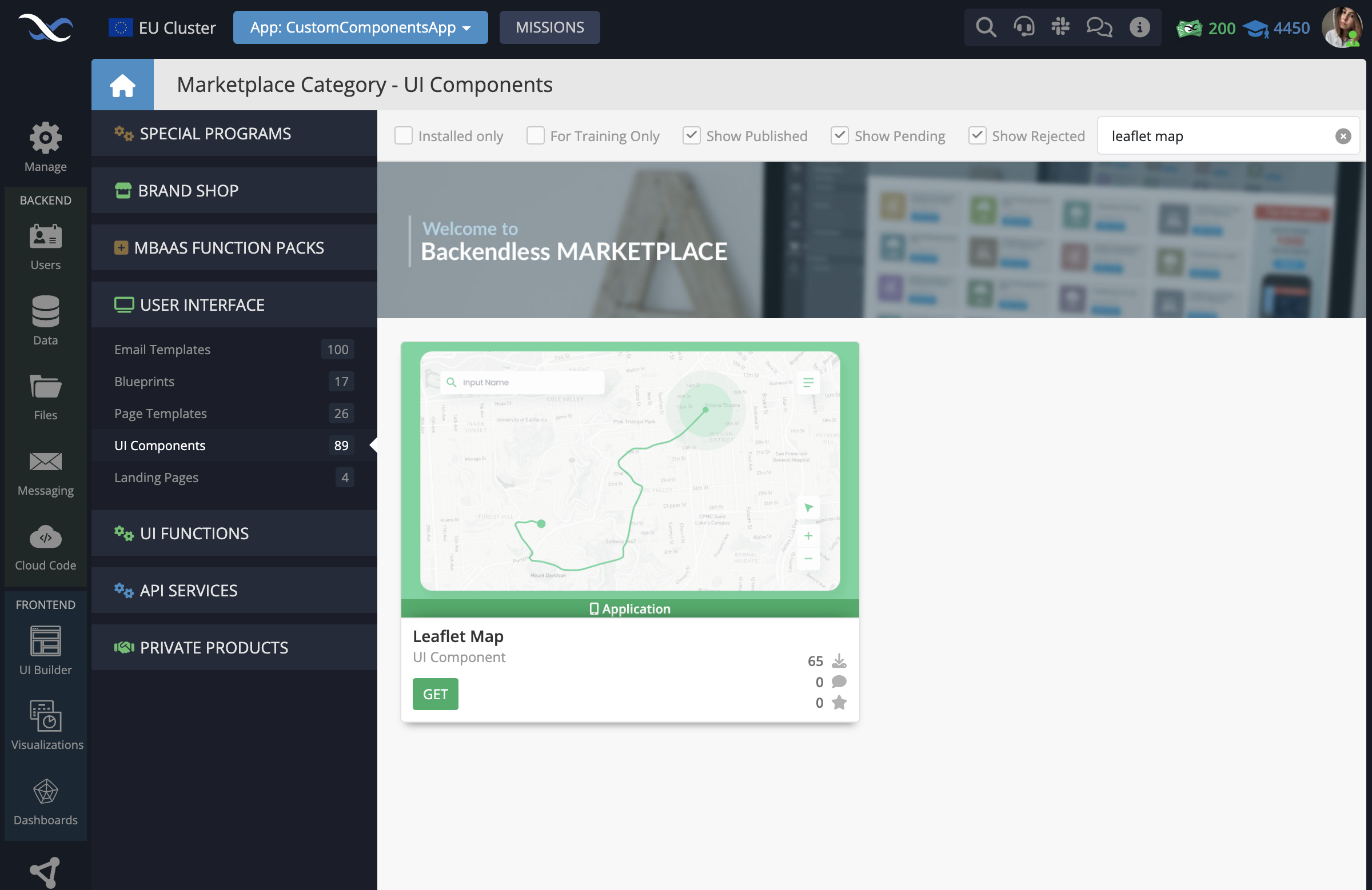 In your Backendless App, go to the Marketplace -> User Interface tab and install the Leaflet Map component