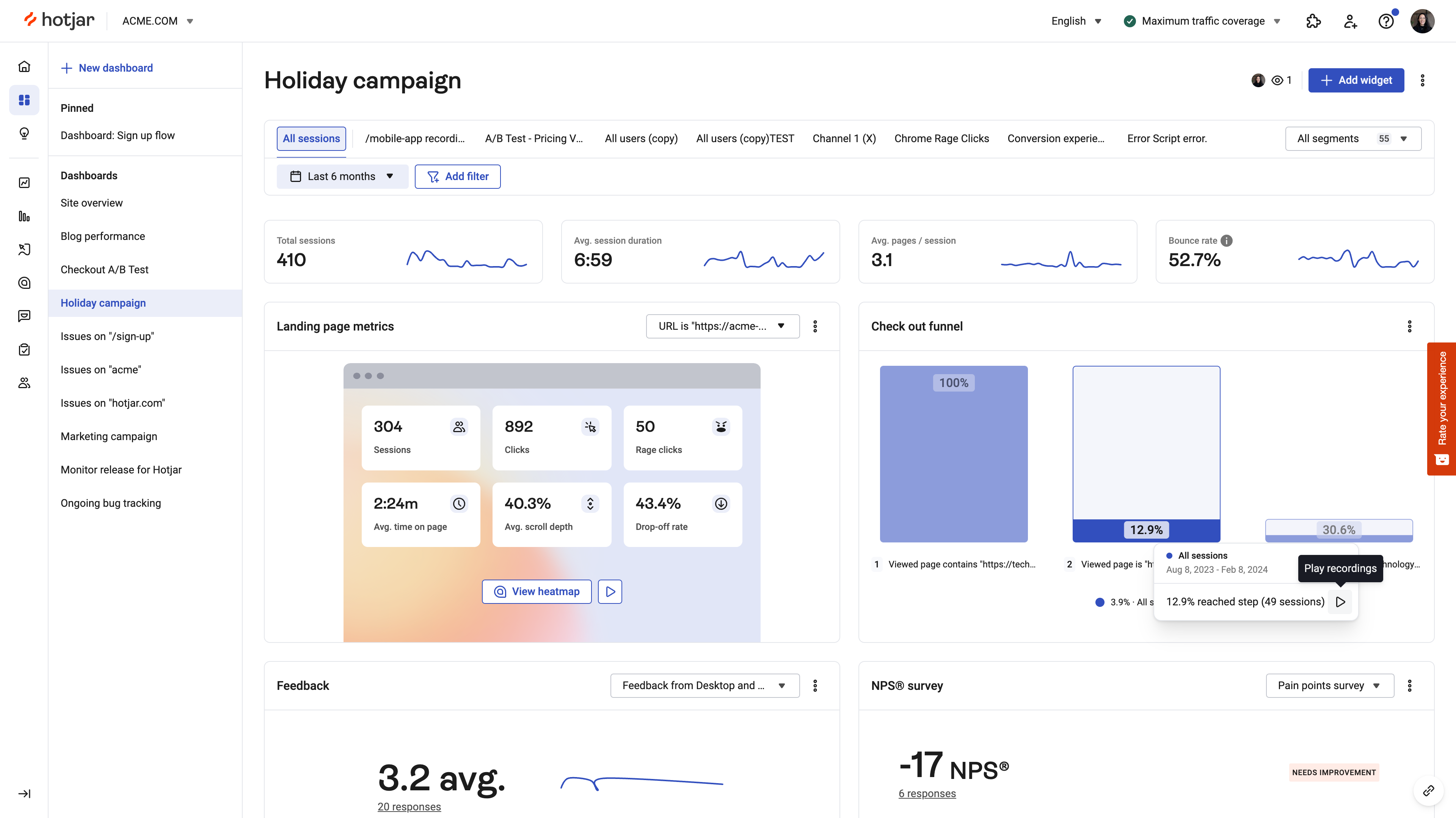 I just launched a new campaign, and I want to keep an eye on my core metrics, visual insights, and user feedback.

On this dashboard, I get an overview of everything and can instantly see if something is off the track.

How neat is that, right? 😁