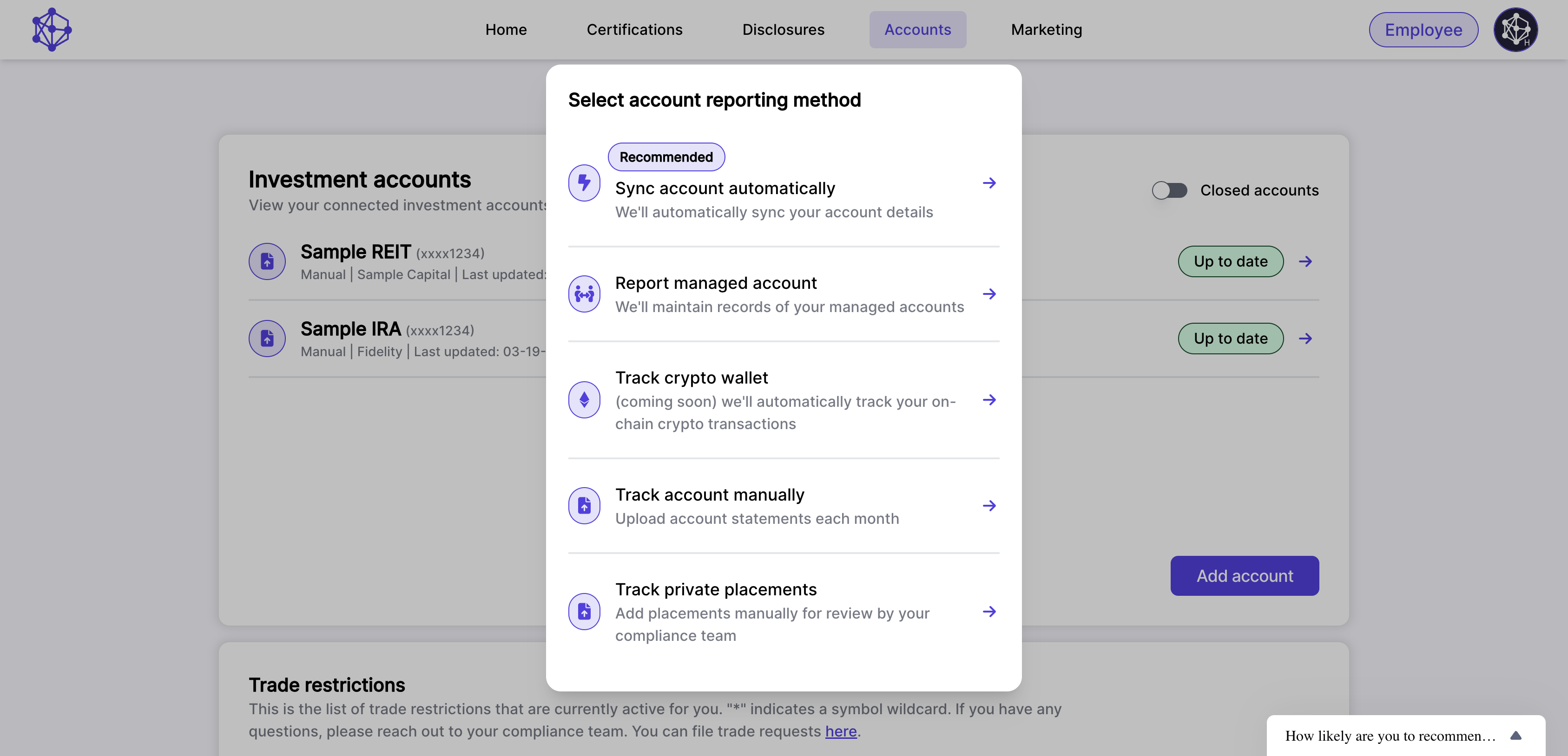 You can either "Sync account automatically" if you have login credentials, or choose "Report managed account" to track it manually.