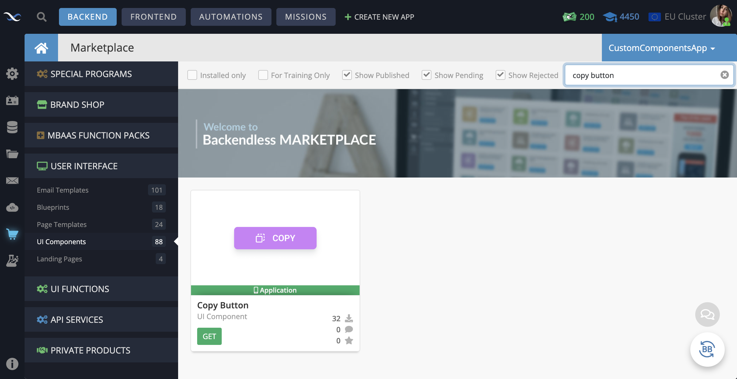 In your Backendless App, go to the Marketplace -> User Interface tab and install the Copy Button component